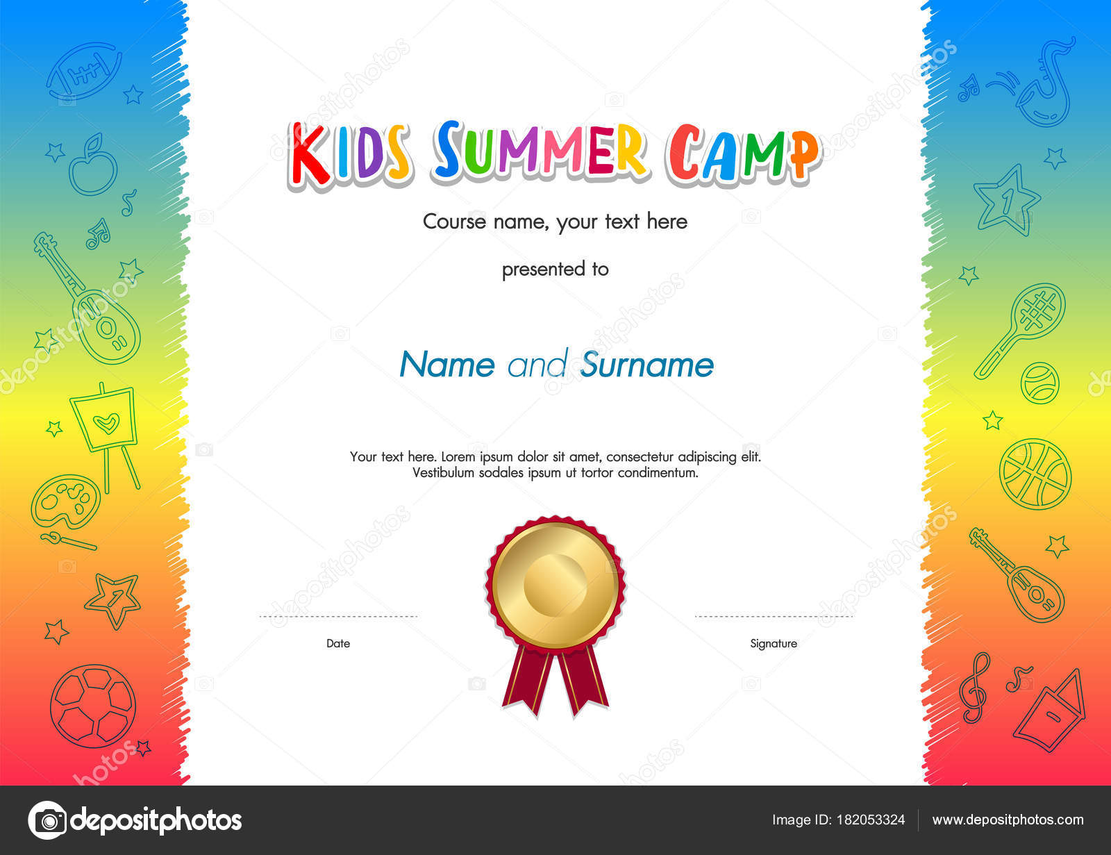 Kids Summer Camp Diploma Or Certificate Template Award Seal Within Fun Certificate Templates