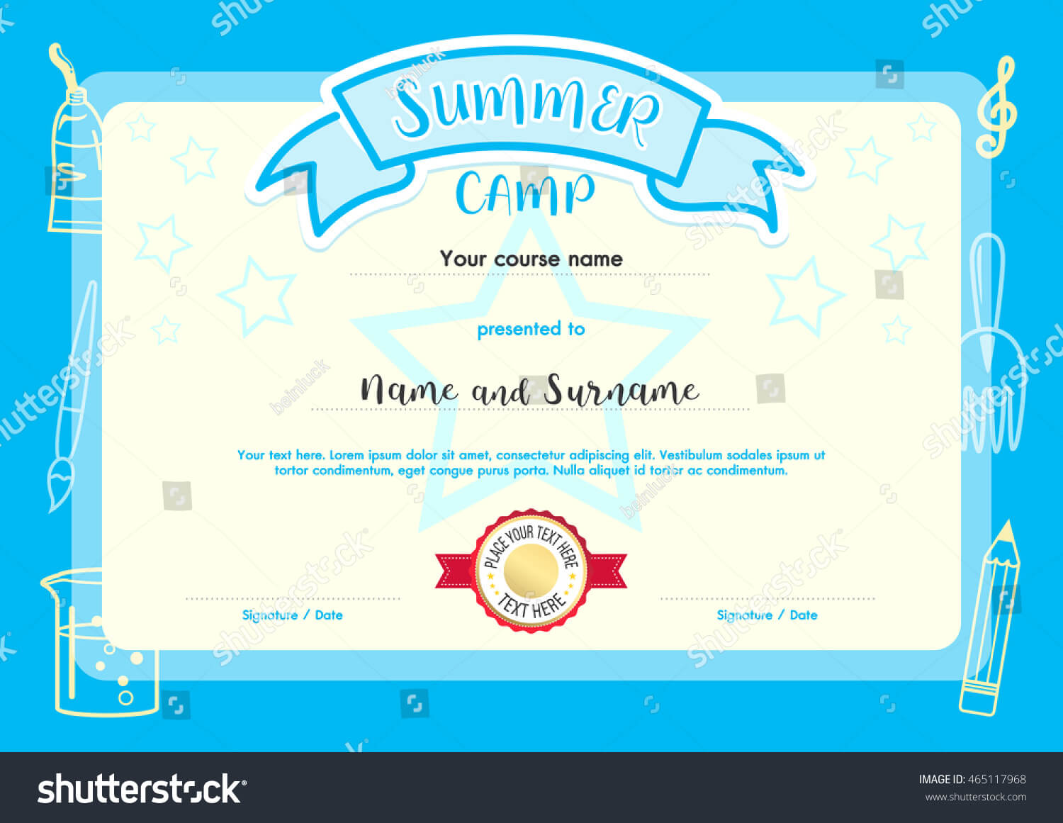 Kids Summer Camp Document Certificate Template Stock Vector Within Summer Camp Certificate Template