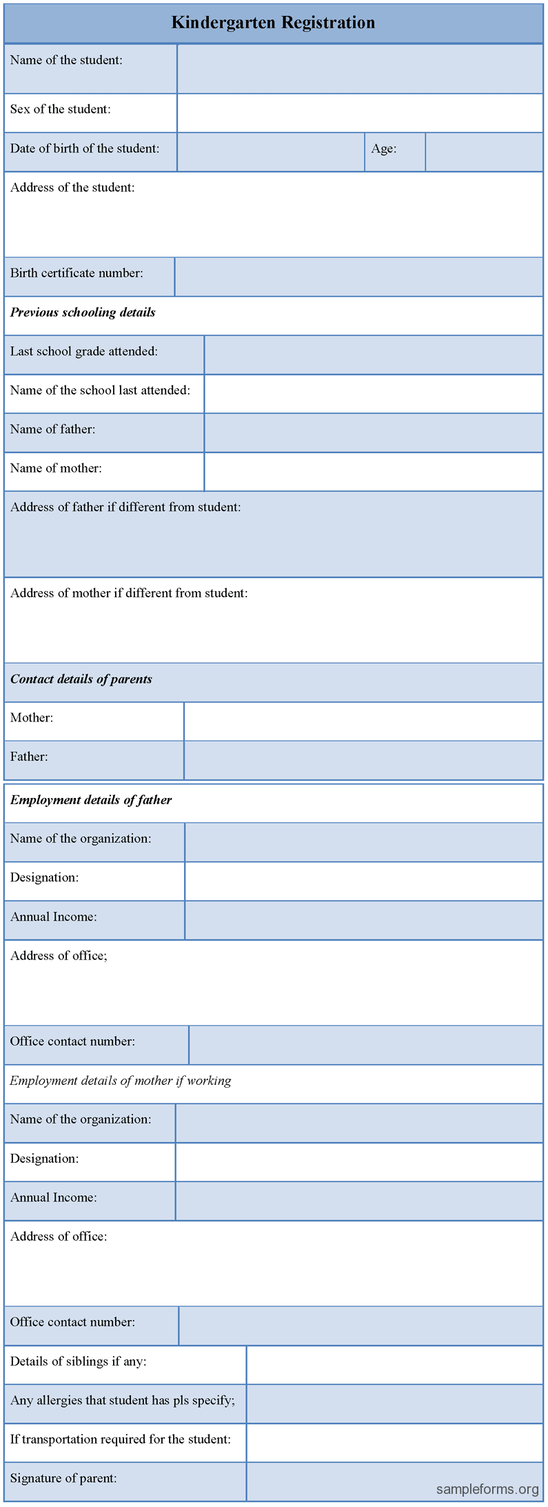 Kindergarten Registration Form : Sample Forms Throughout School Registration Form Template Word