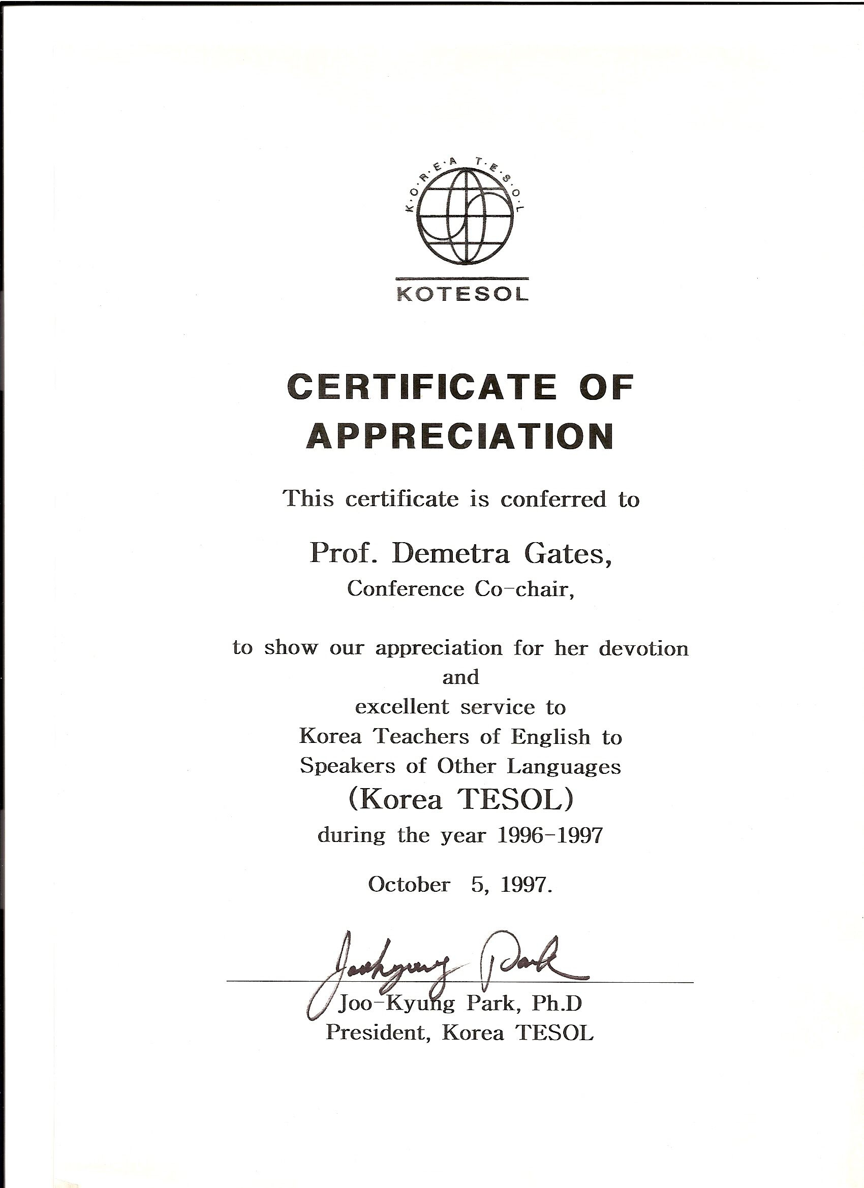 Kotesol Presidential Certificate Of Appreciation (1997 Intended For Army Certificate Of Appreciation Template