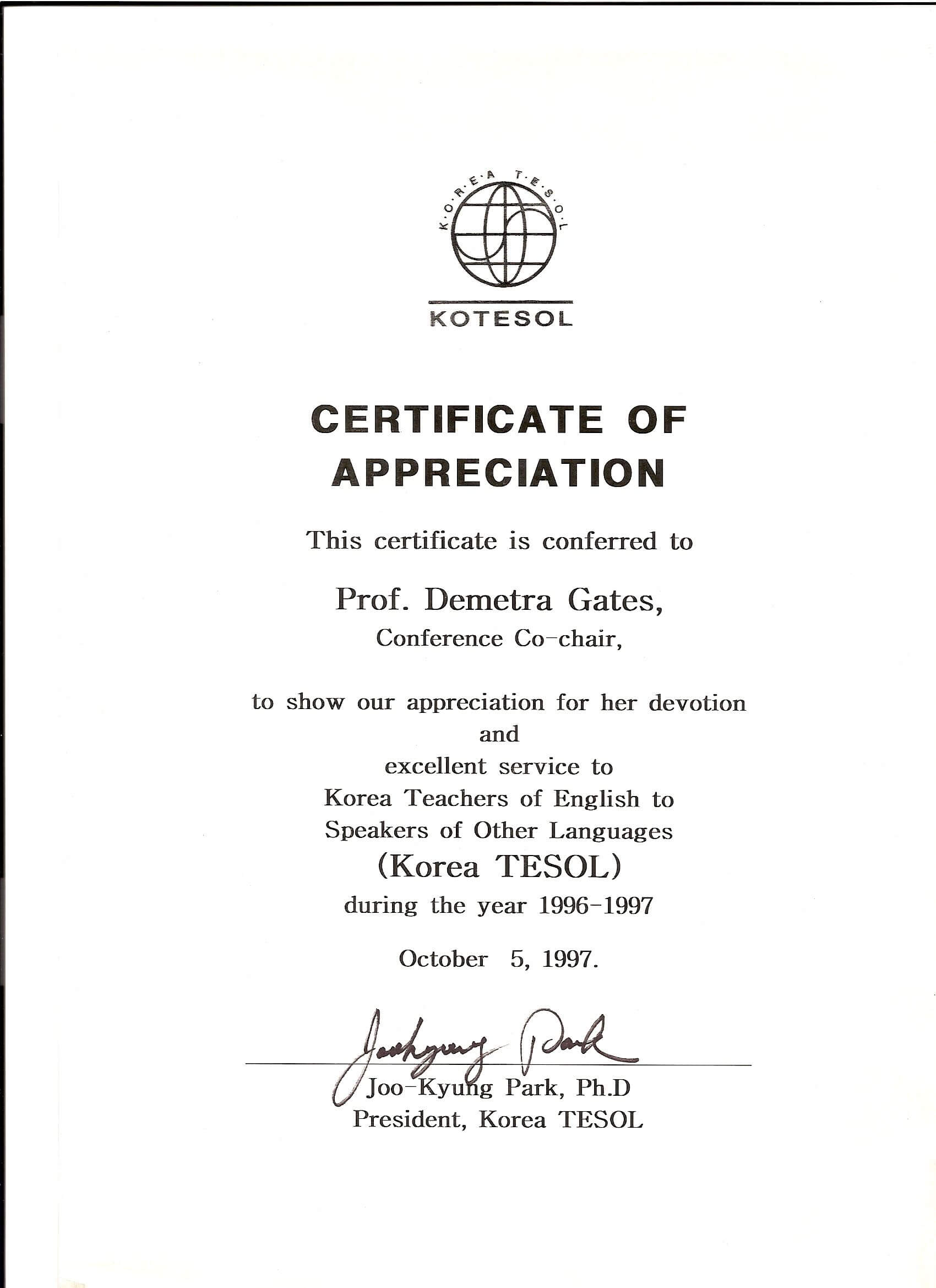 Kotesol Presidential Certificate Of Appreciation (1997 Regarding Army Certificate Of Achievement Template
