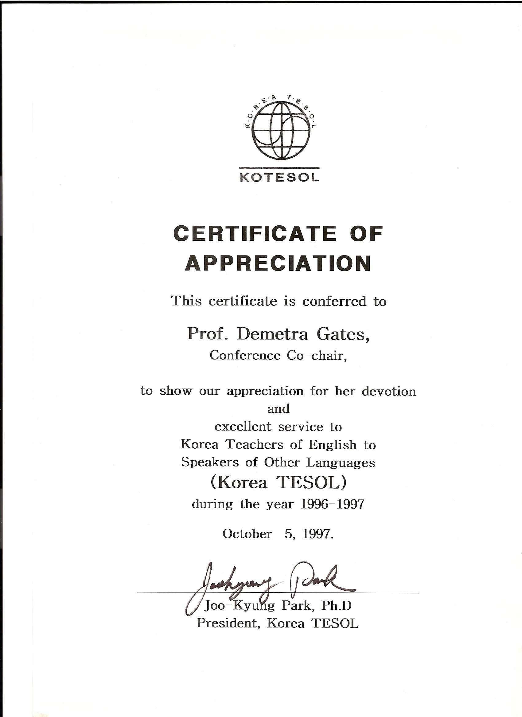 Kotesol Presidential Certificate Of Appreciation (1997 Throughout Recognition Of Service Certificate Template