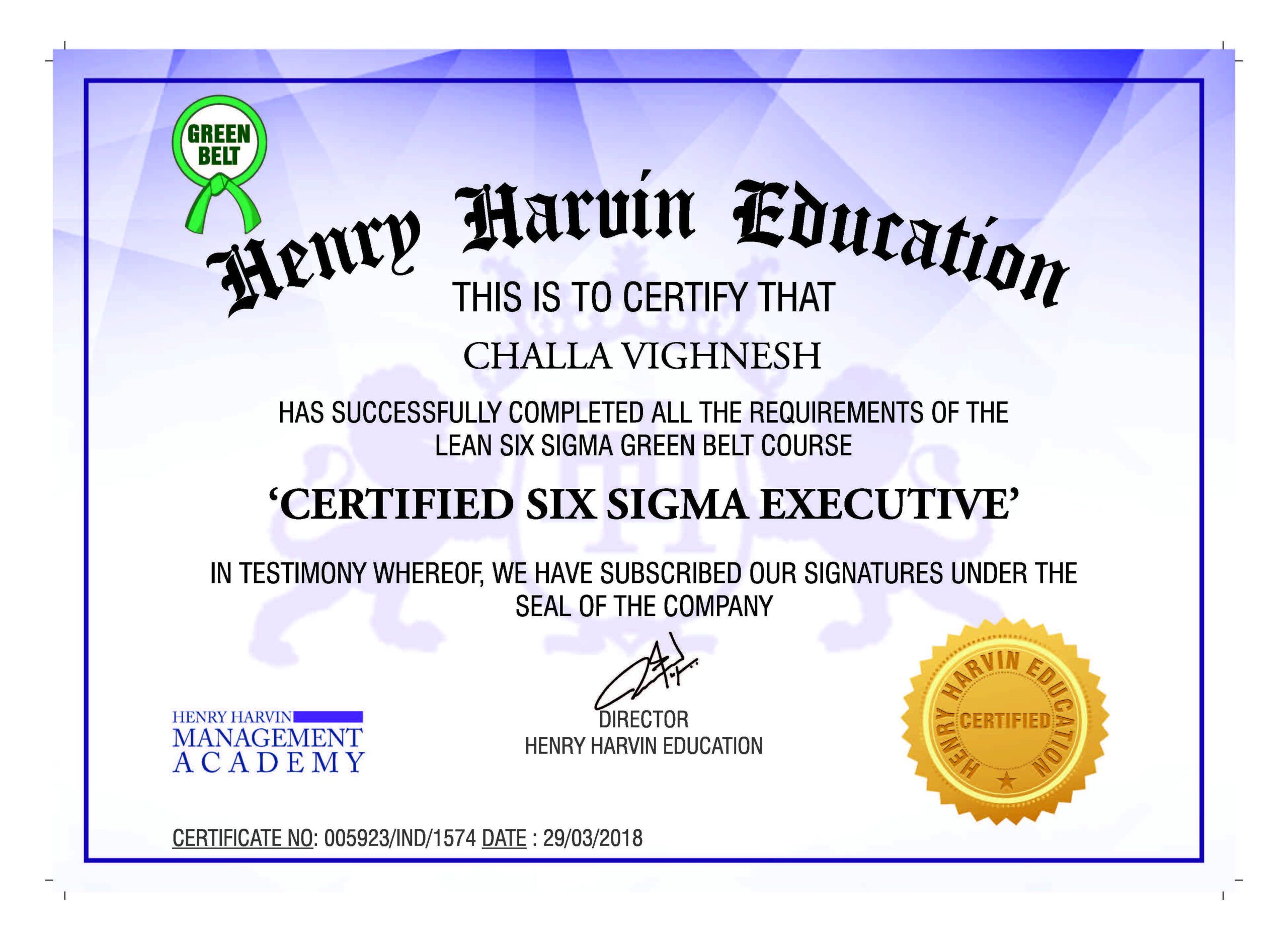 Lean Six Sigma Green Belt Certificationhenry Harvin Throughout Green Belt Certificate Template