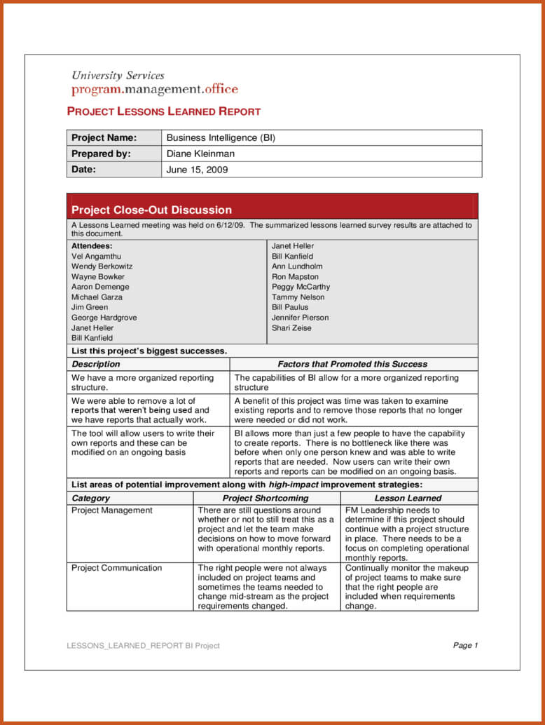 Lessons Learned Template Project Lessons Learned Report D1 Within Closure Report Template