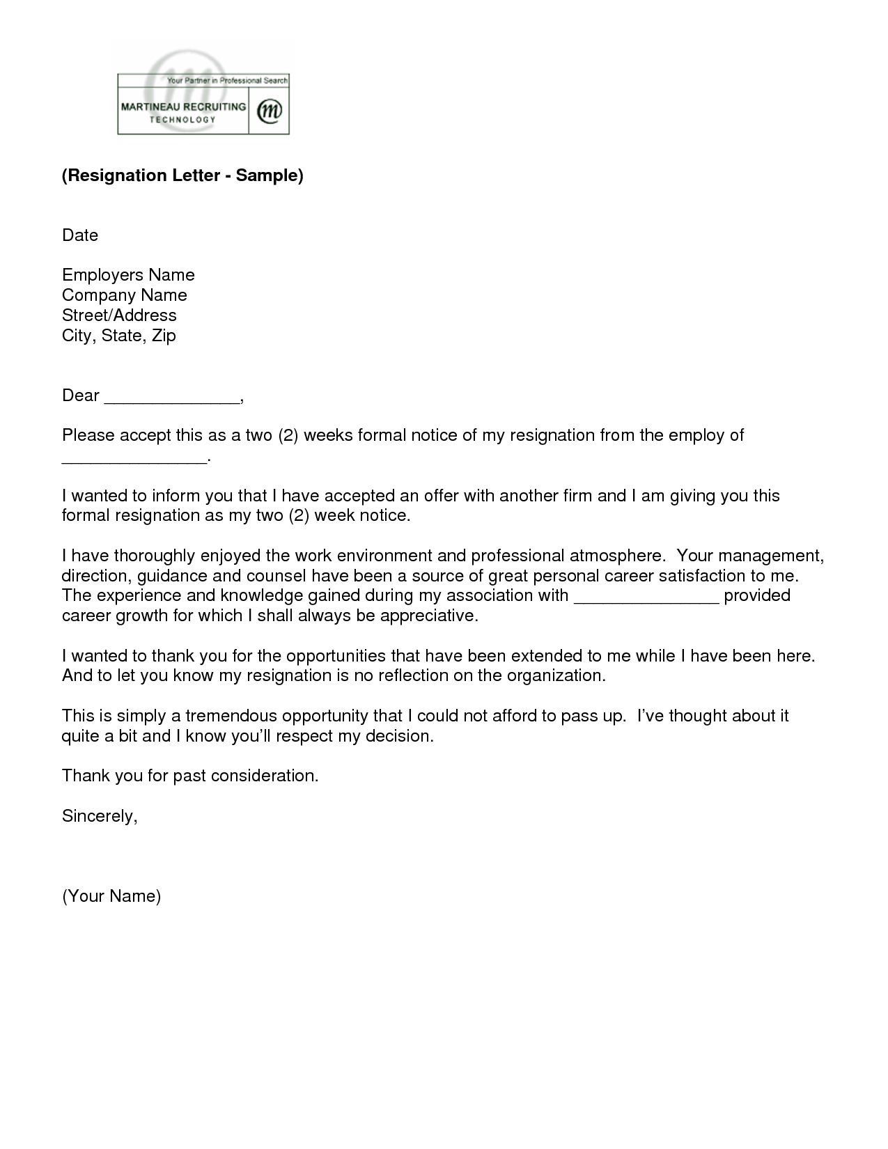 Letter Of Resignation 2 Weeks Notice Template | Resignation Throughout Two Week Notice Template Word
