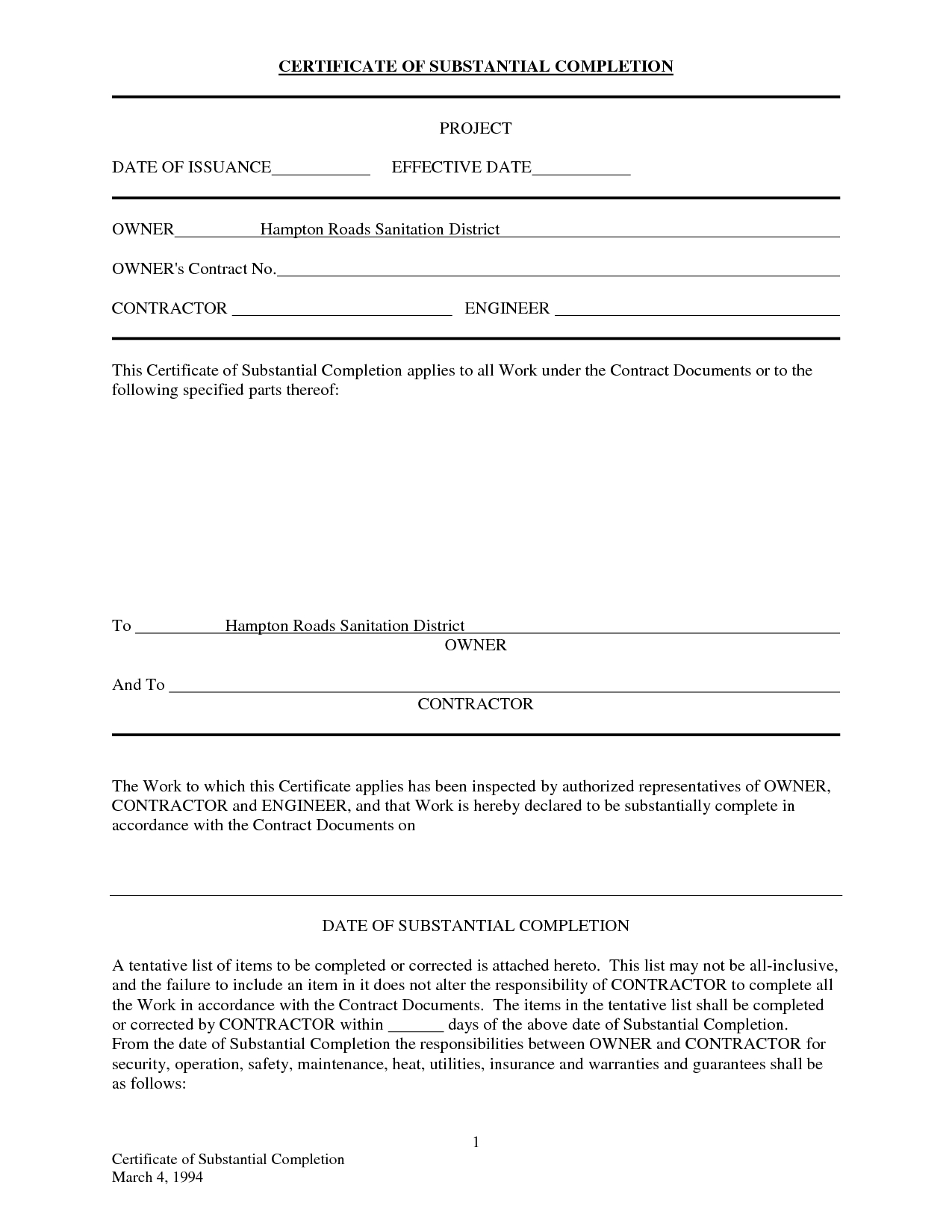 Letter Of Substantial Completion – Free Printable Documents Within Certificate Of Substantial Completion Template