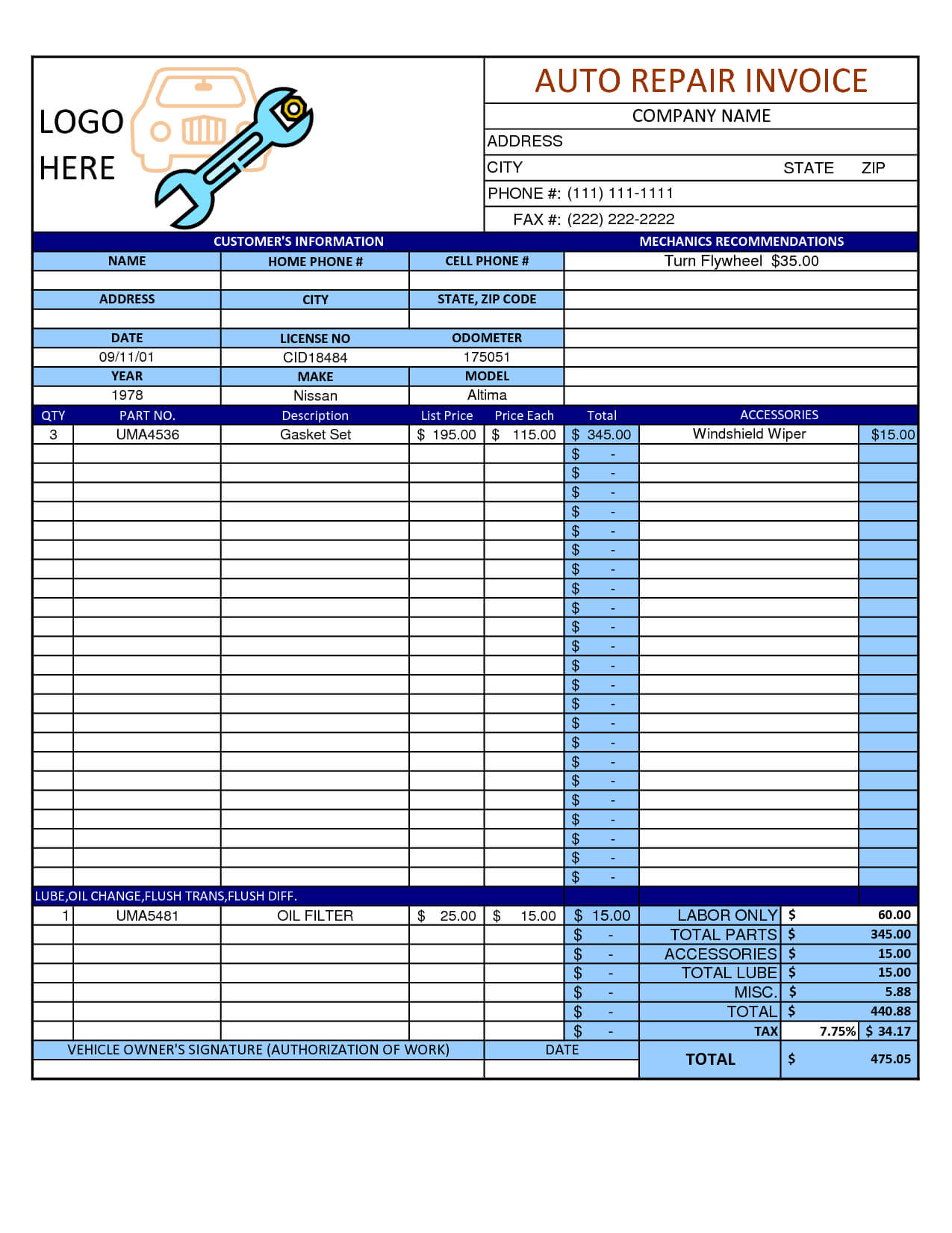 Mechanic Shop Invoice | Scope Of Work Template | Auto Repair Within Job Card Template Mechanic