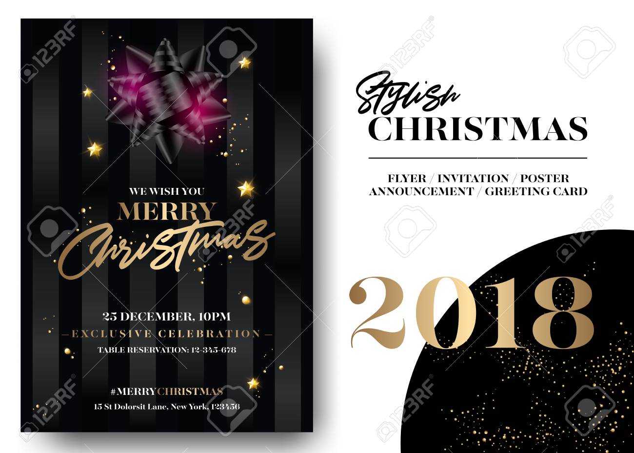 Merry Christmas Greeting Card Template. Vector Elegant Black.. Inside Table Reservation Card Template