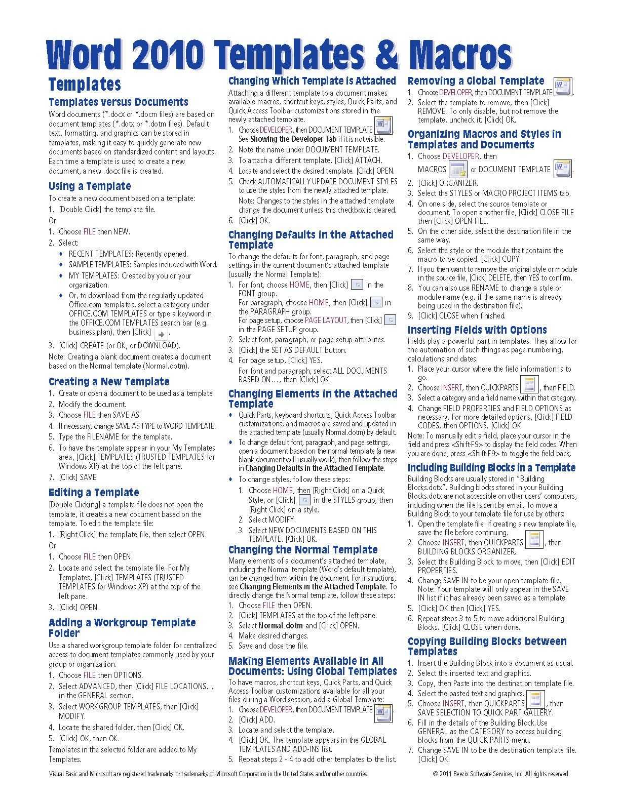 Microsoft Word 2010 Templates & Macros Quick Reference Guide For Cheat Sheet Template Word