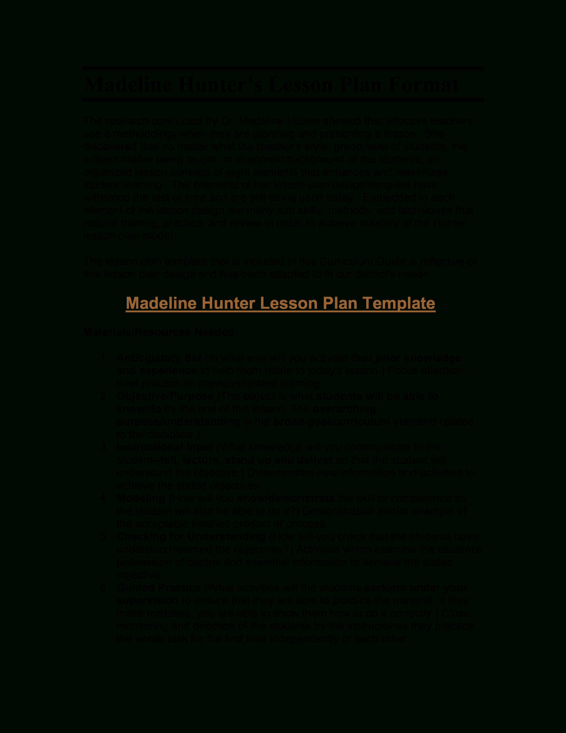 Microsoft Word – Madeline Hunter's Lesson Plan Format For Madeline Hunter Lesson Plan Blank Template