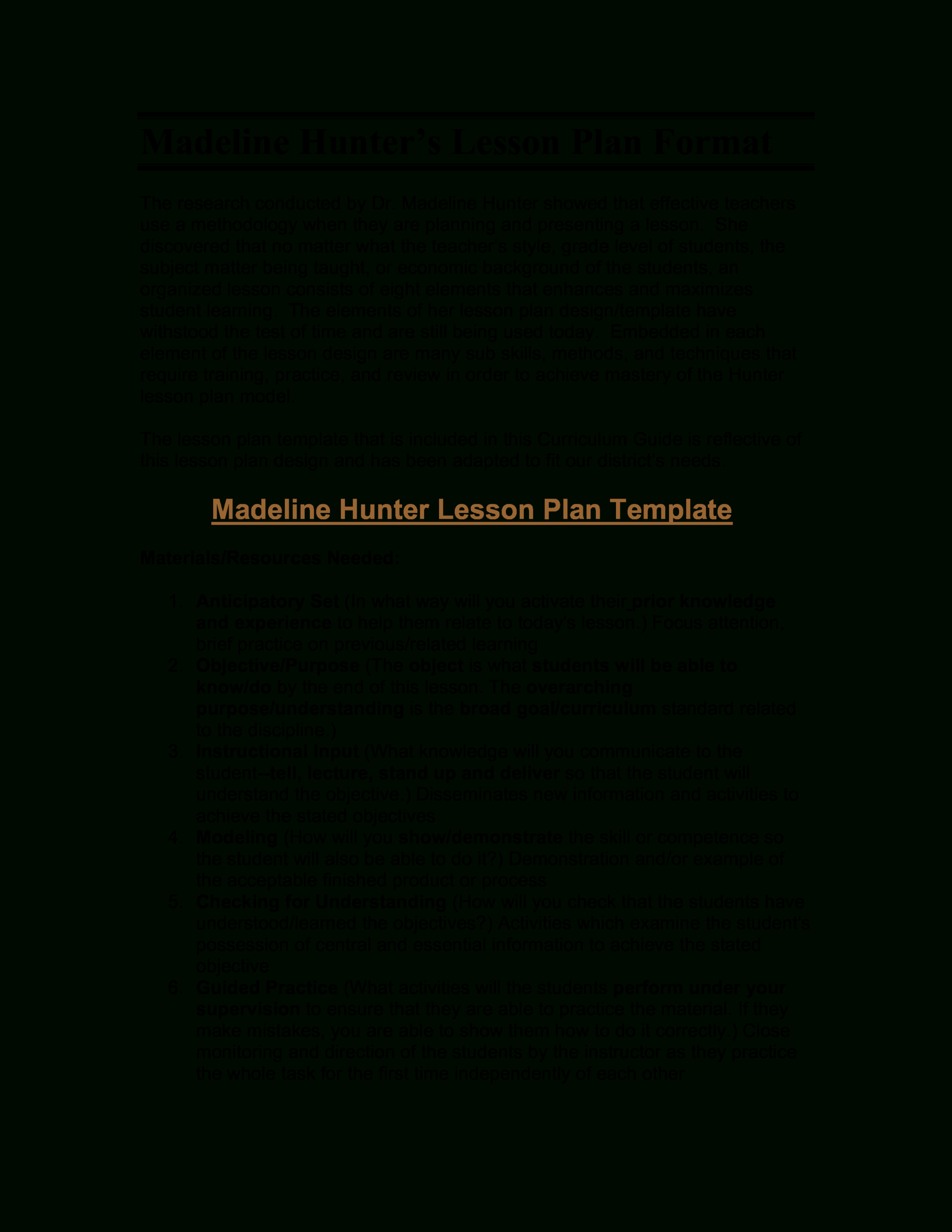 Microsoft Word – Madeline Hunter's Lesson Plan Format Throughout Madeline Hunter Lesson Plan Template Blank