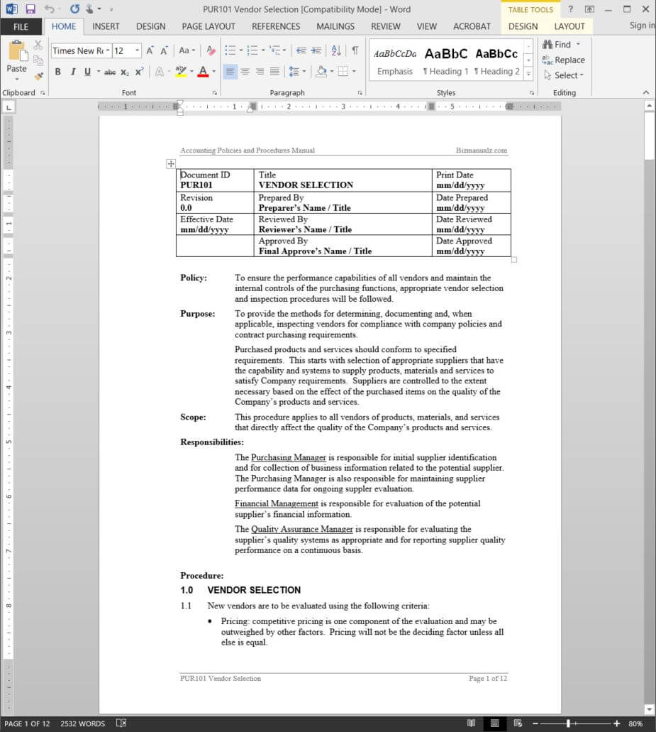 Microsoft Word Policy And Procedure Manual Template - Free With Procedure Manual Template Word Free
