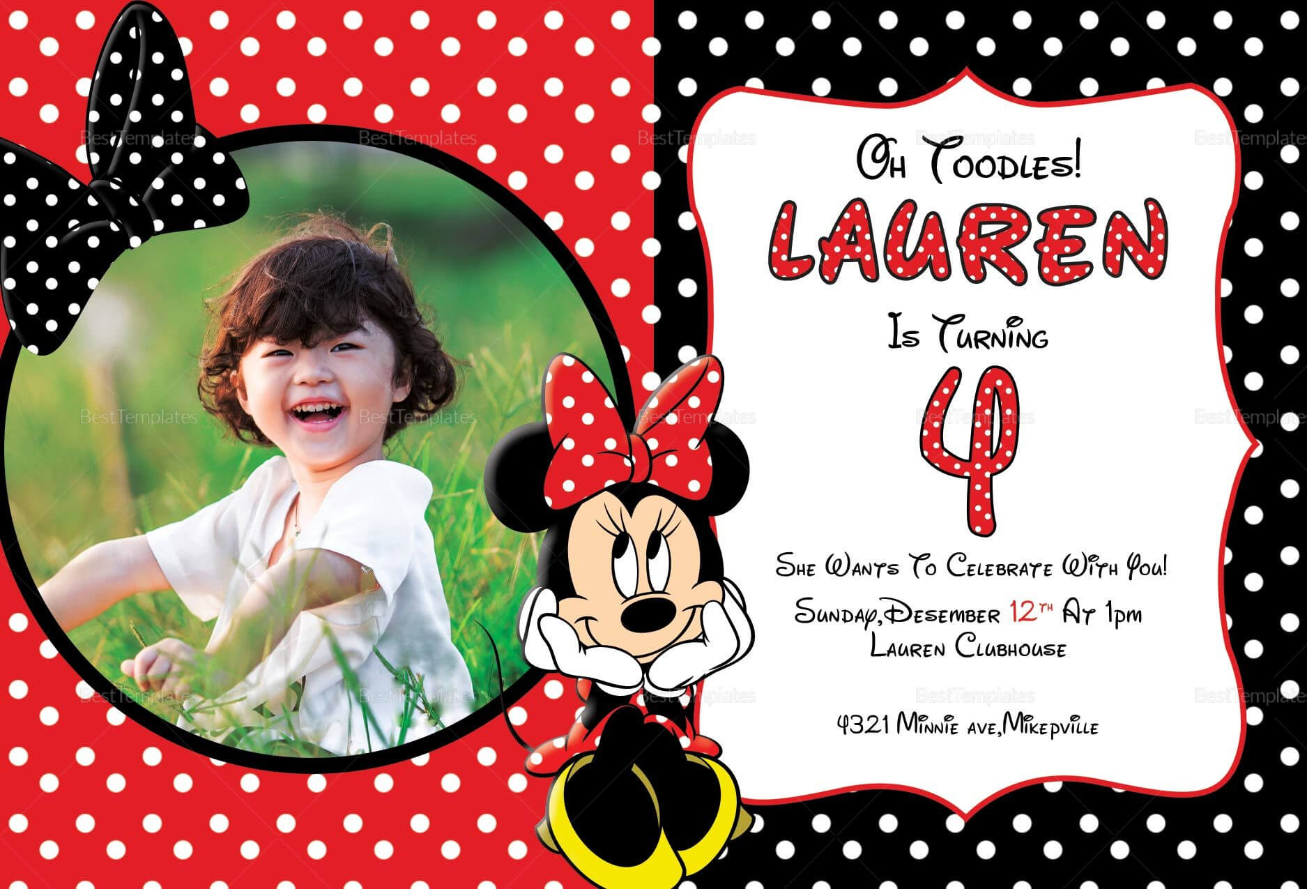 Minnie Mouse Photo Invitation Card Template Regarding Minnie Mouse Card Templates