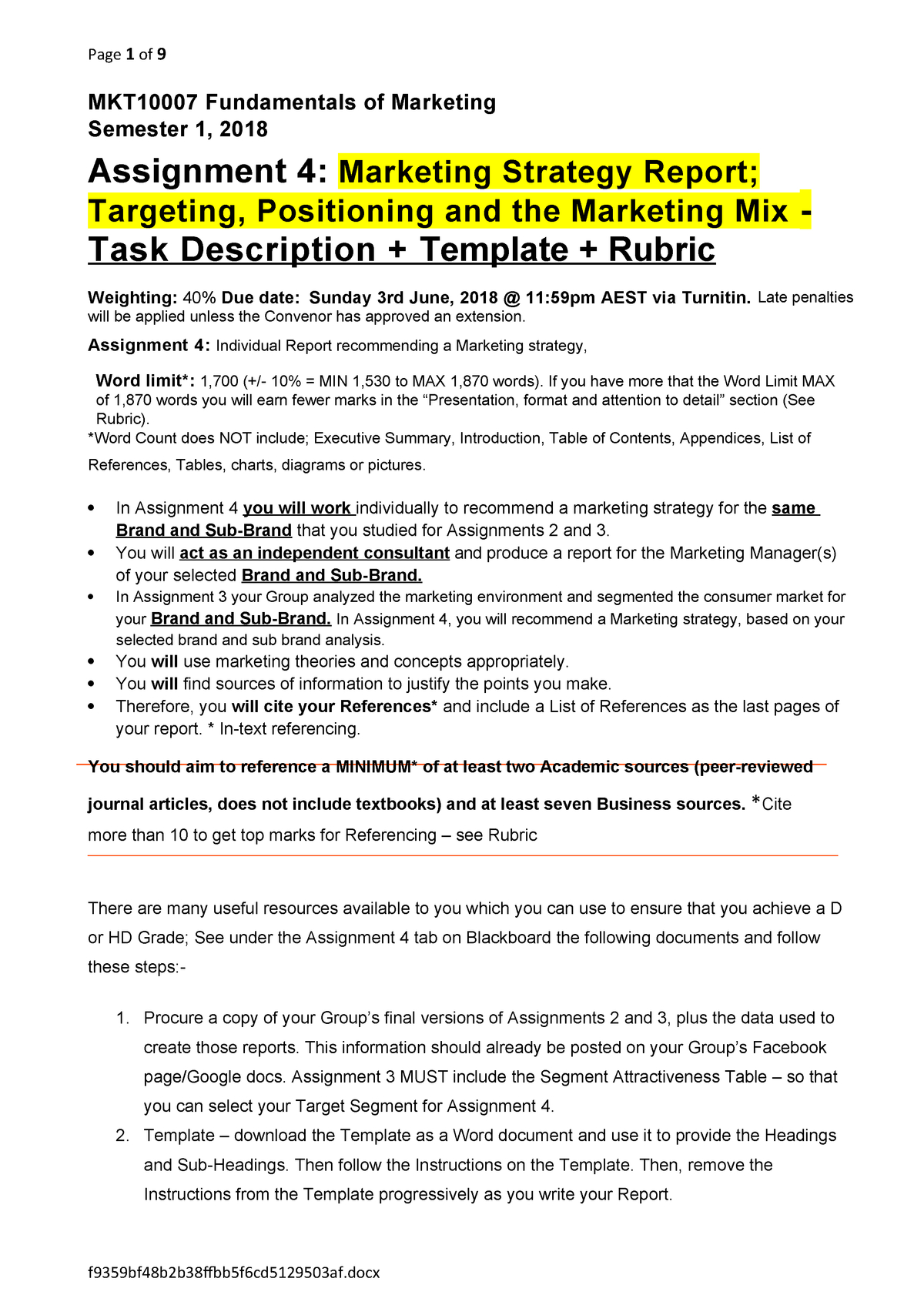 Mkt10007 Assignment 4 Template & Rubric S1,18 – Marketing Throughout Assignment Report Template