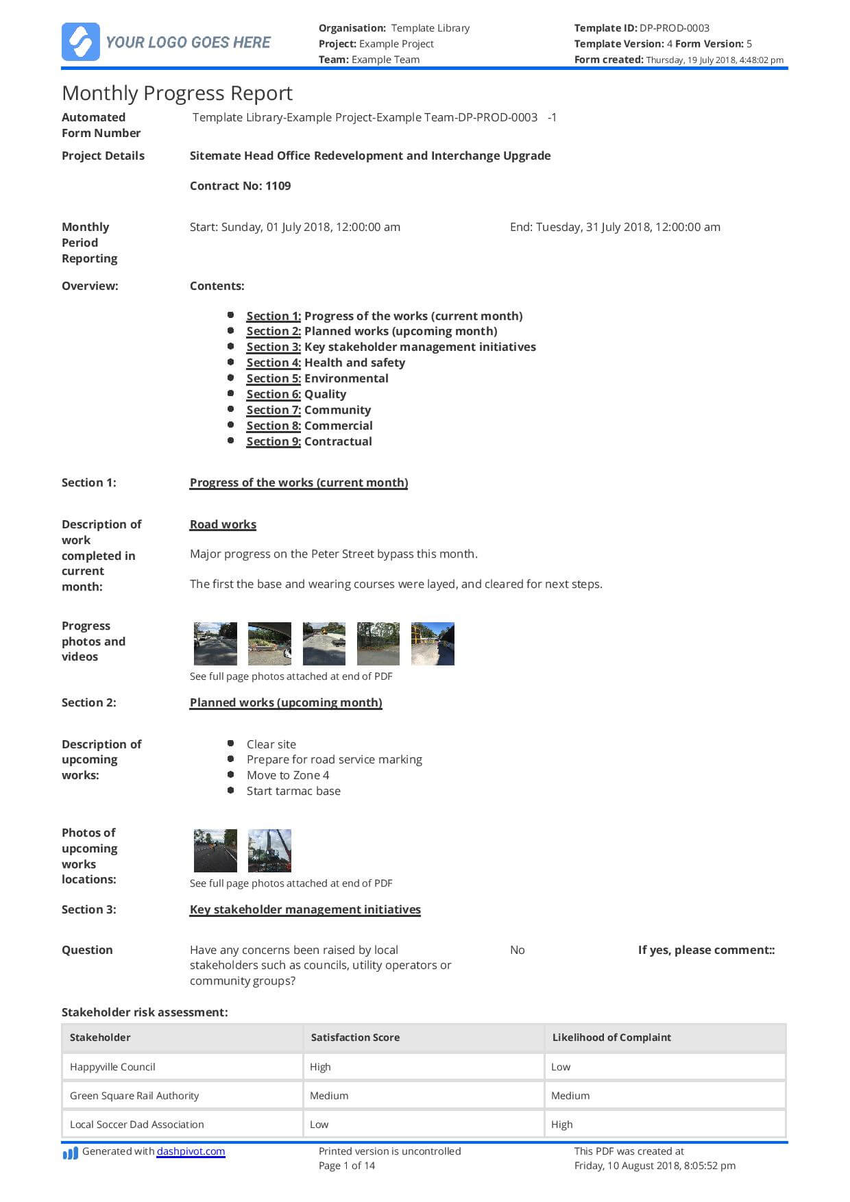 Monthly Construction Progress Report Template: Use This Inside Monthly Status Report Template