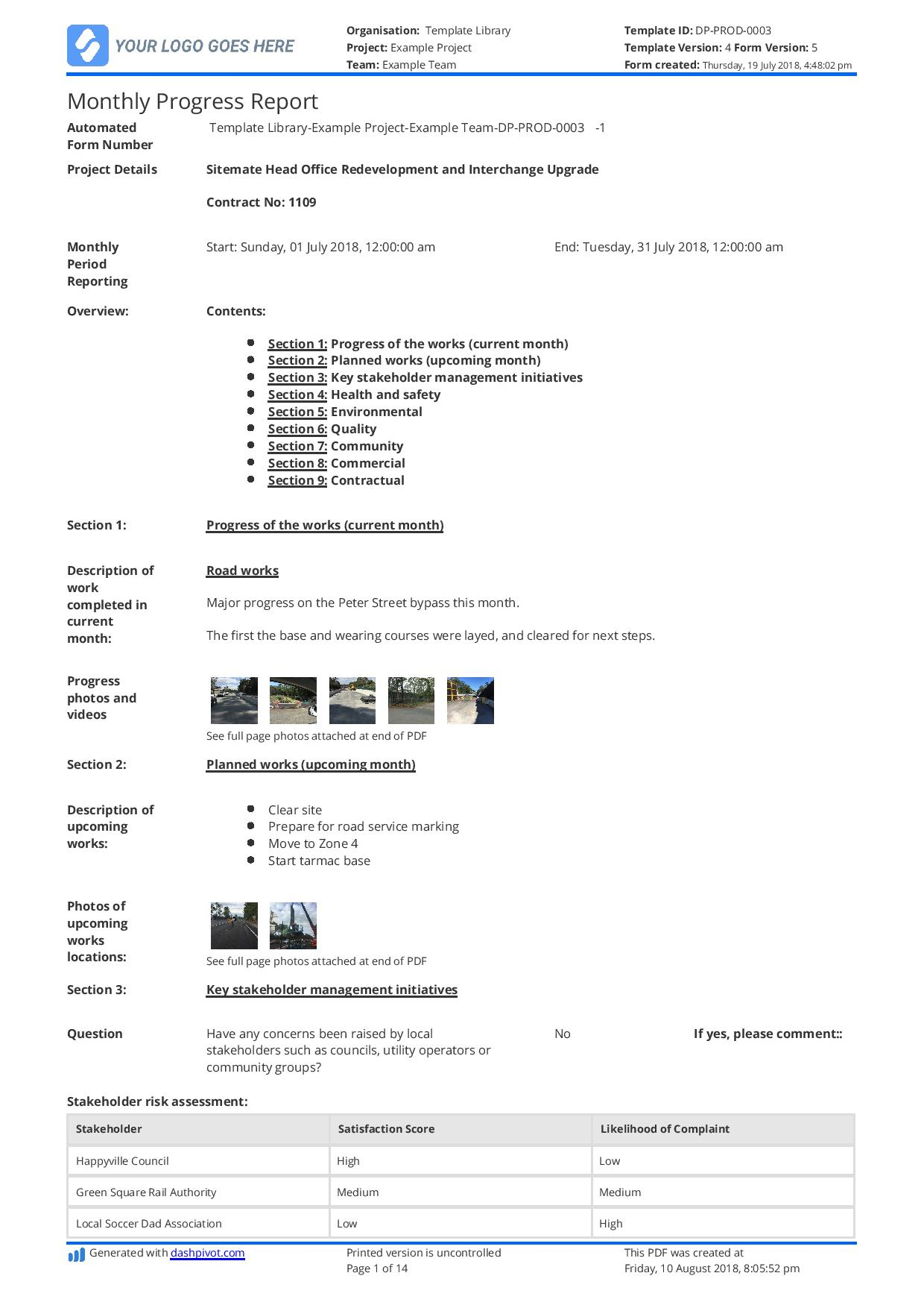 Monthly Construction Progress Report Template: Use This Intended For Engineering Progress Report Template