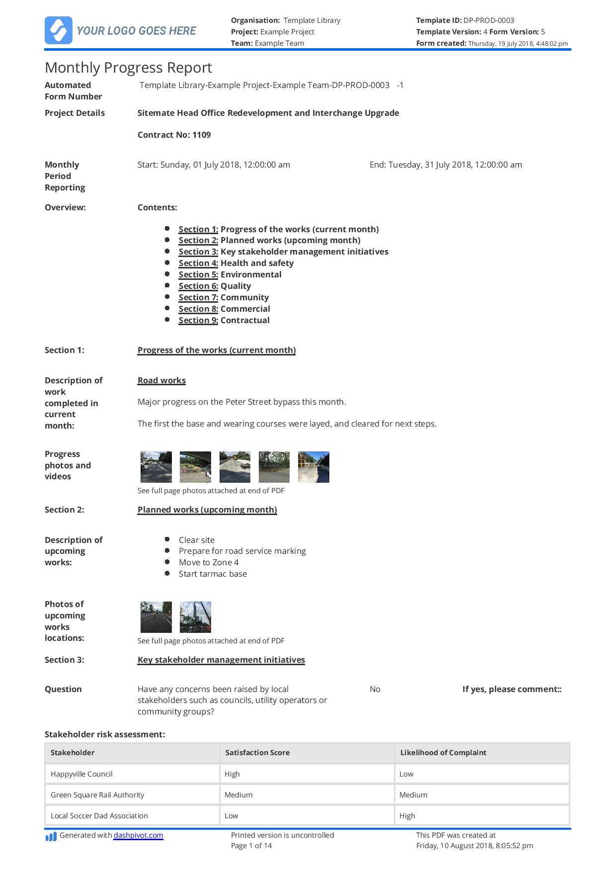 Monthly Construction Progress Report Template: Use This Intended For Engineering Progress Report Template