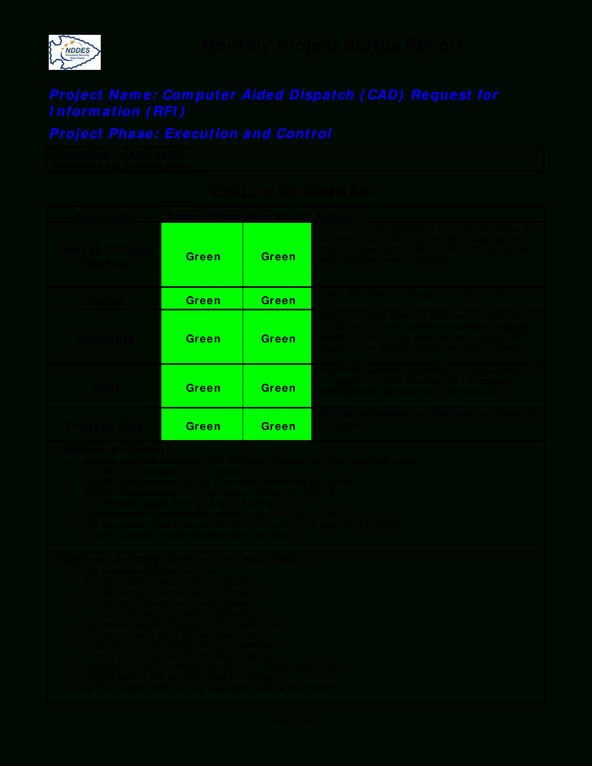 Monthly Project Status Report | Templates At Throughout Monthly Status Report Template