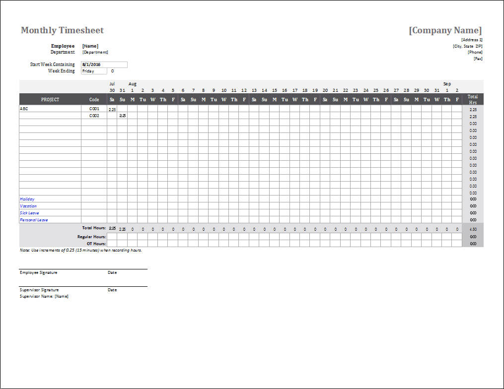 Monthly Timesheet Template For Excel And Google Sheets Throughout Weekly Time Card Template Free