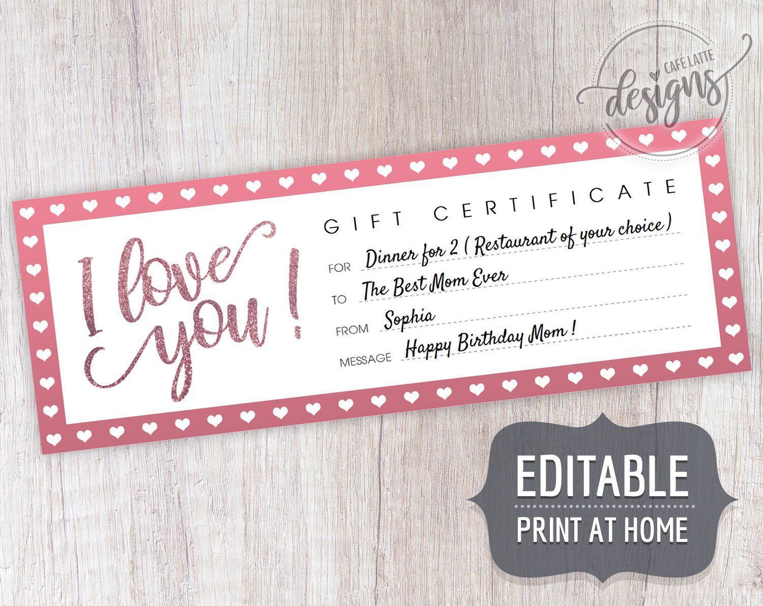 Mother's Day Gift Certificate Printable Editable Template Within Movie Gift Certificate Template