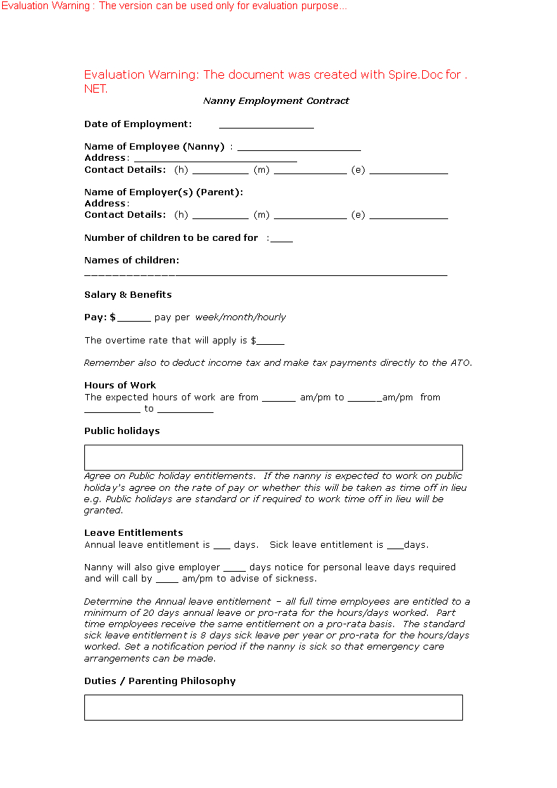 Nanny Employment Contract – | Nanny Contract, Templates In Nanny Contract Template Word