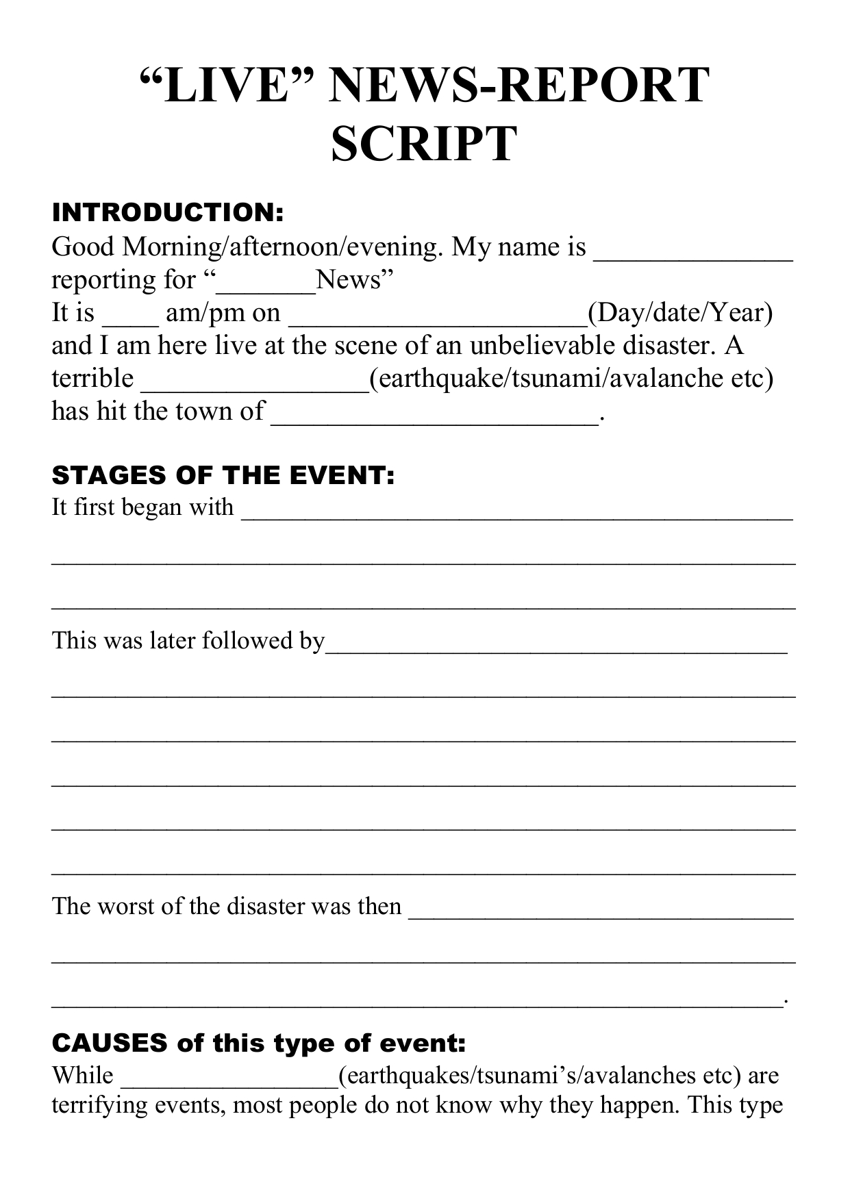 Natural Disaster – Live Newsreport Script Template Intended For News Report Template