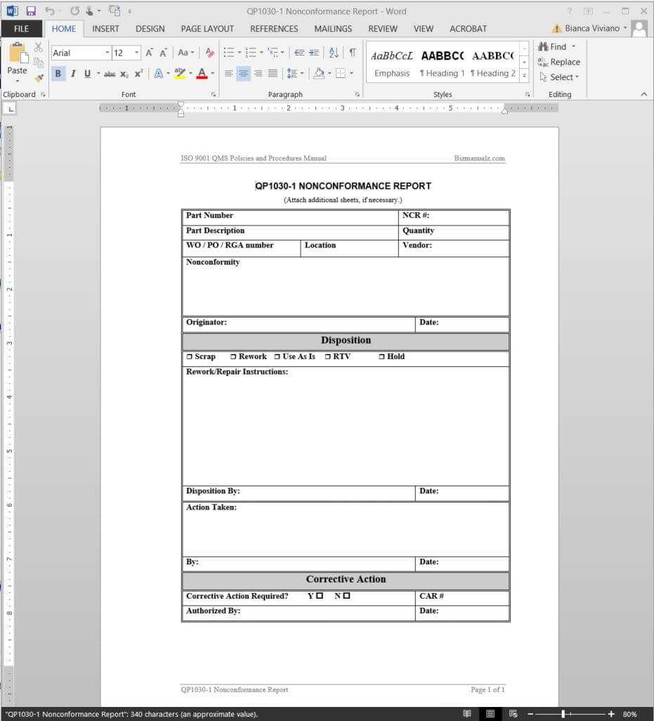 Nonconformance Report Iso Template | Qp1030 1 With Regard To Non Conformance Report Form Template