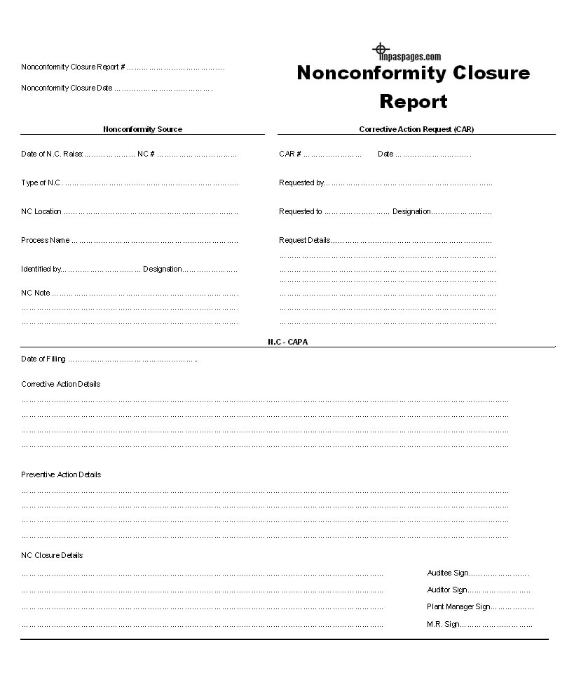 Nonconformity Closure Report Format Within Closure Report Template