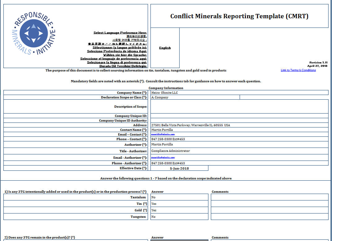 Ohmite – Conflict Minerals Reporting Template (Cmrt) – Rell Pertaining To Conflict Minerals Reporting Template