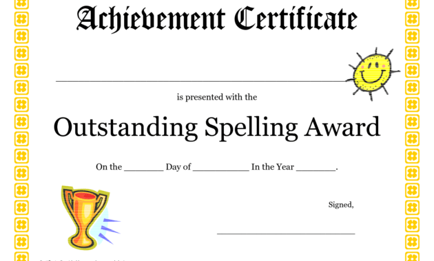 Outstanding Spelling Award Printable Certificate Pdf Picture regarding Spelling Bee Award Certificate Template