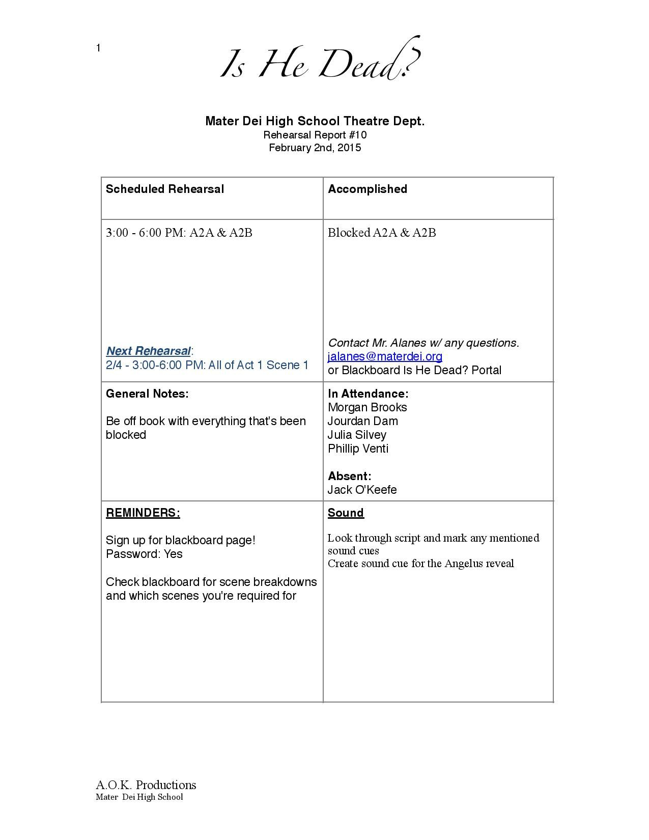 Page 1 Of Is He Dead? Rehearsal Report Example | Little Shop Within Rehearsal Report Template