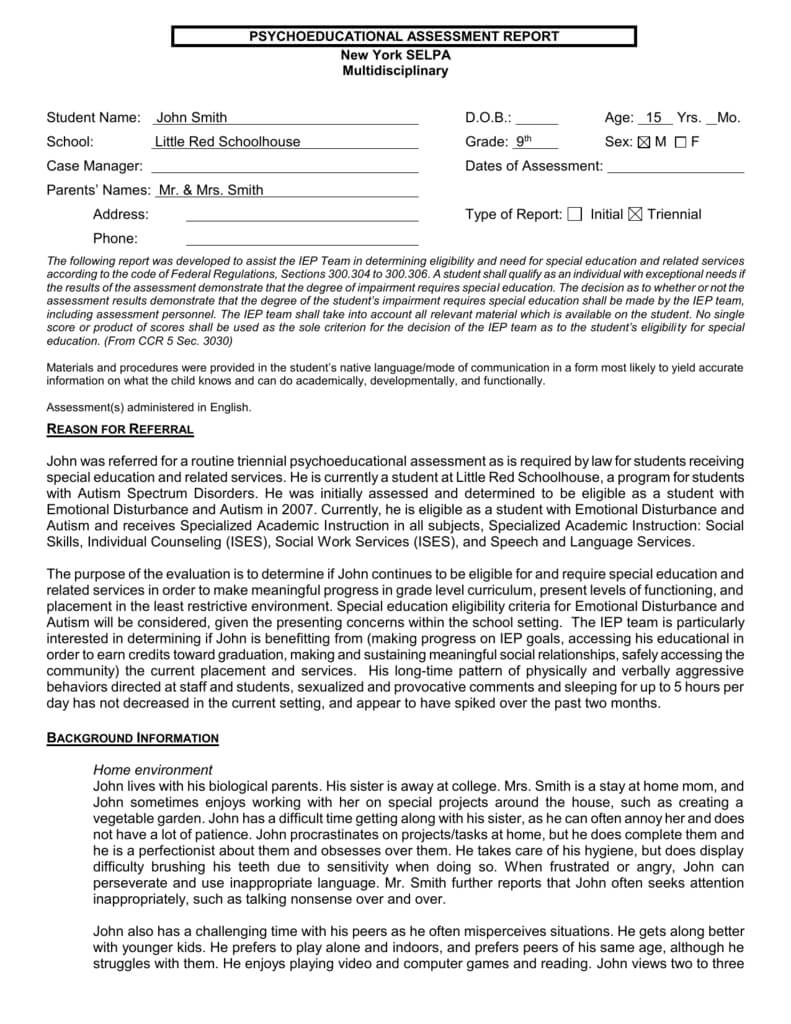 Page Of – Ventura County Selpa Within Psychoeducational Report Template