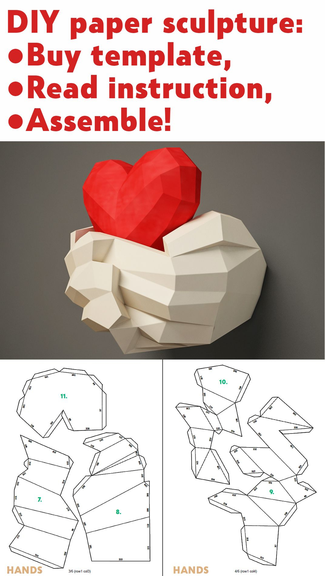 Paper Craft Hands With Heart, Papercraft 3D Wall Decor, Diy Inside 3D Heart Pop Up Card Template Pdf