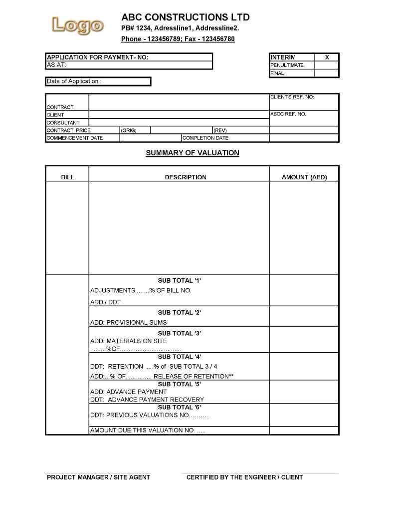 Payment Application Format For Construction Companies Intended For Construction Payment Certificate Template