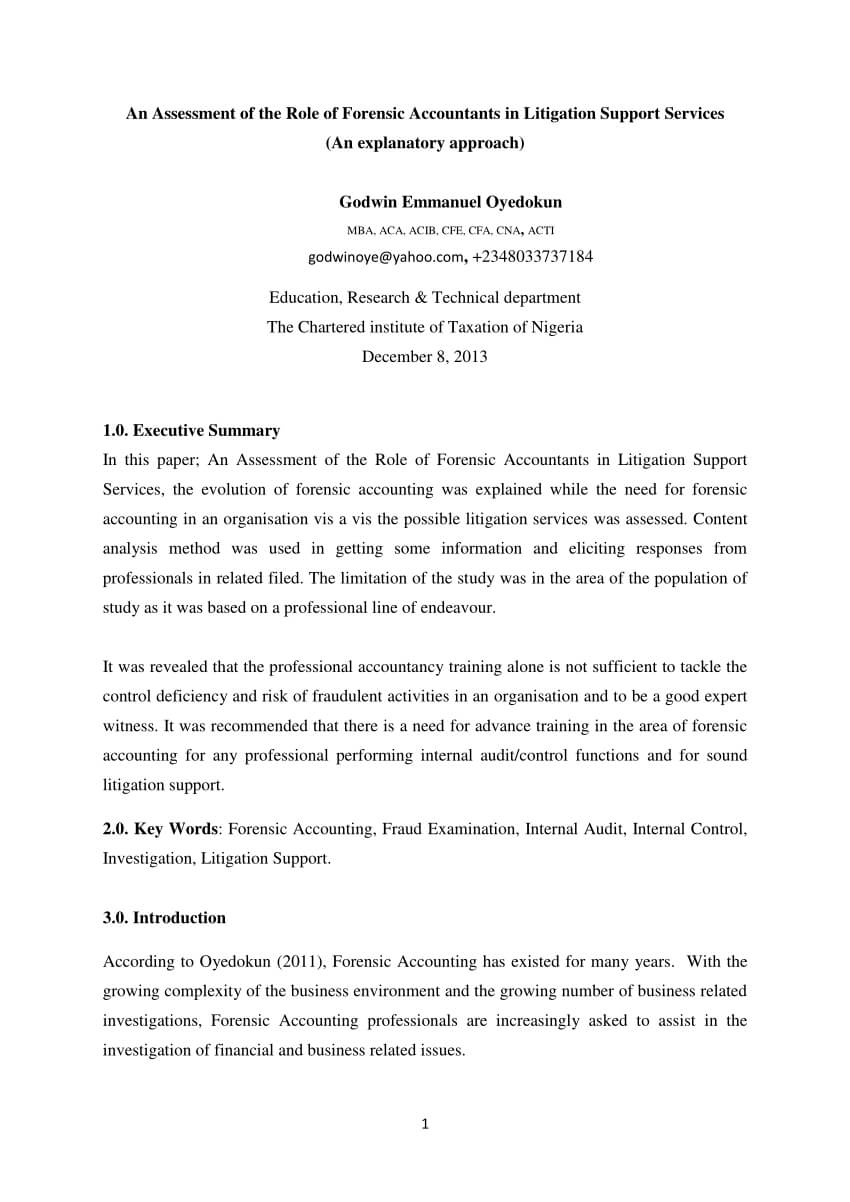Pdf) An Assessment Of The Role Of Forensic Accountants In With Regard To Forensic Accounting Report Template