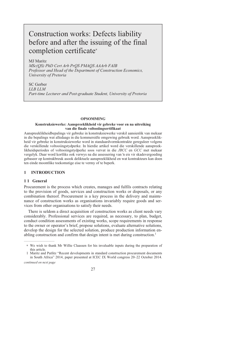 Pdf) Construction Works: Defects Liability Before And After Regarding Jct Practical Completion Certificate Template