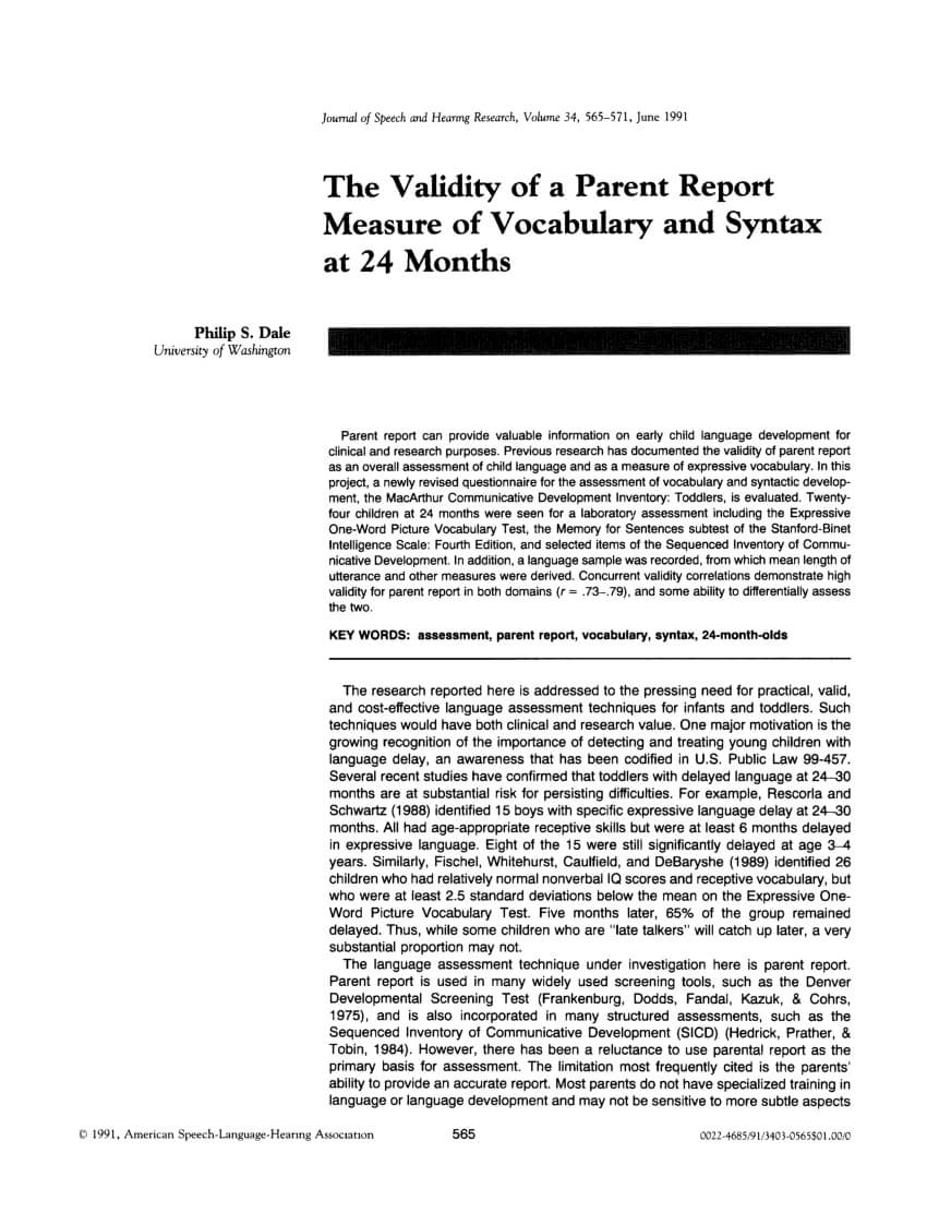 Pdf) The Validity Of A Parent Report Measure Of Vocabulary Intended For Speech And Language Report Template