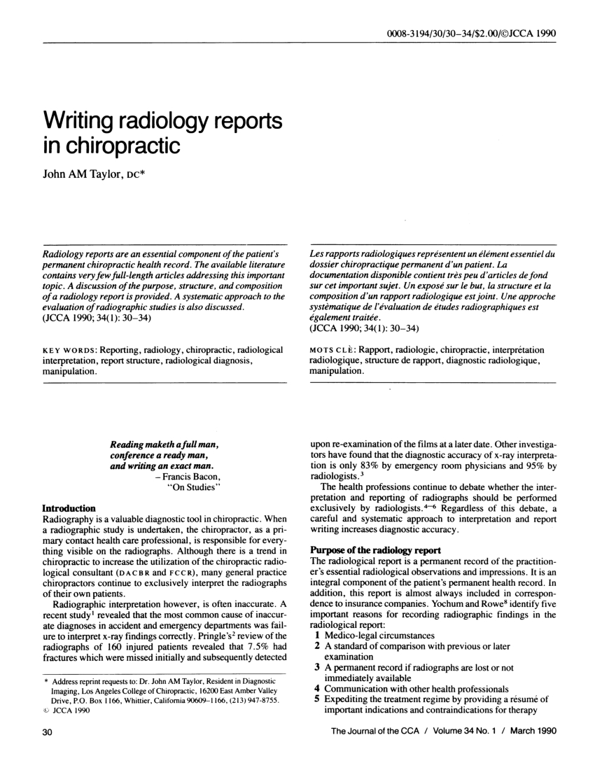 Pdf) Writing Radiology Reports In Chiropractic Inside Chiropractic X Ray Report Template