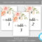 Peach + Blush Pink Floral Wedding Table Numbers, Watercolor Regarding Table Number Cards Template