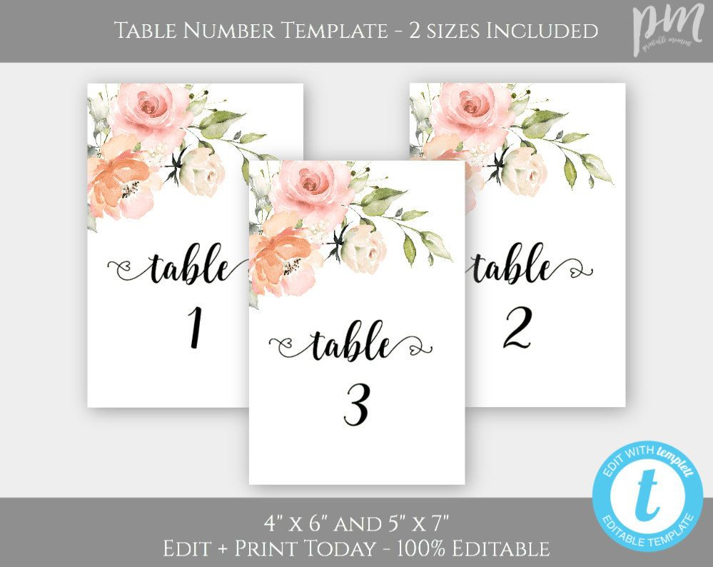 Peach + Blush Pink Floral Wedding Table Numbers, Watercolor Regarding Table Number Cards Template