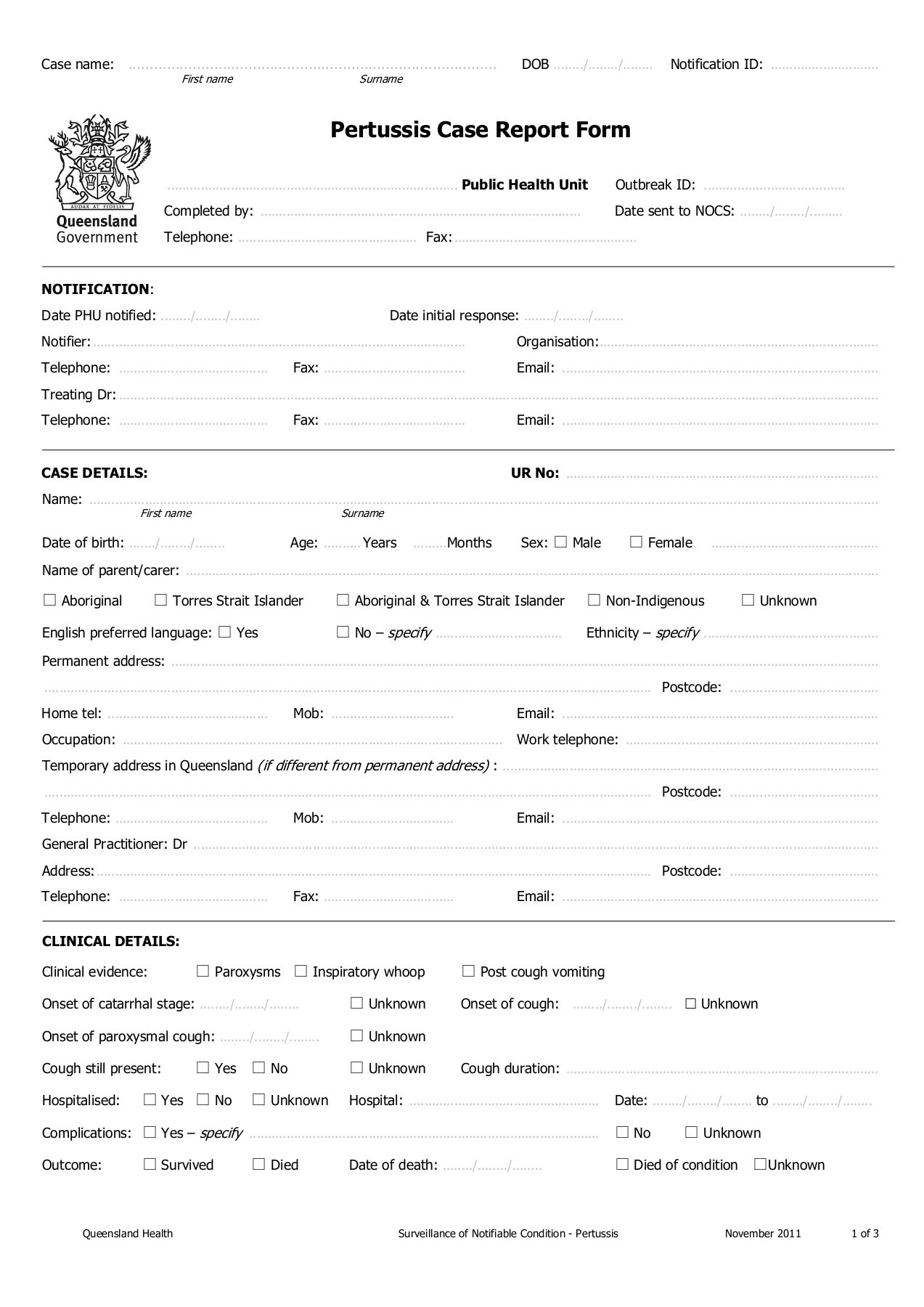 Pertussis Case Report Form – Queensland Health Regarding Case Report Form Template