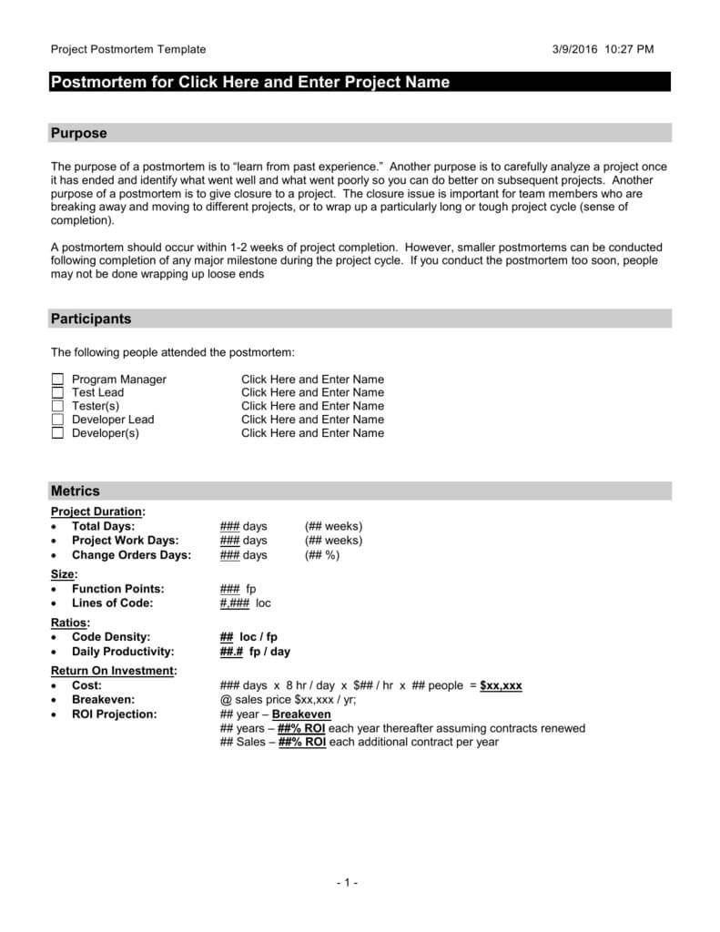 Post Mortem Template In Post Project Report Template