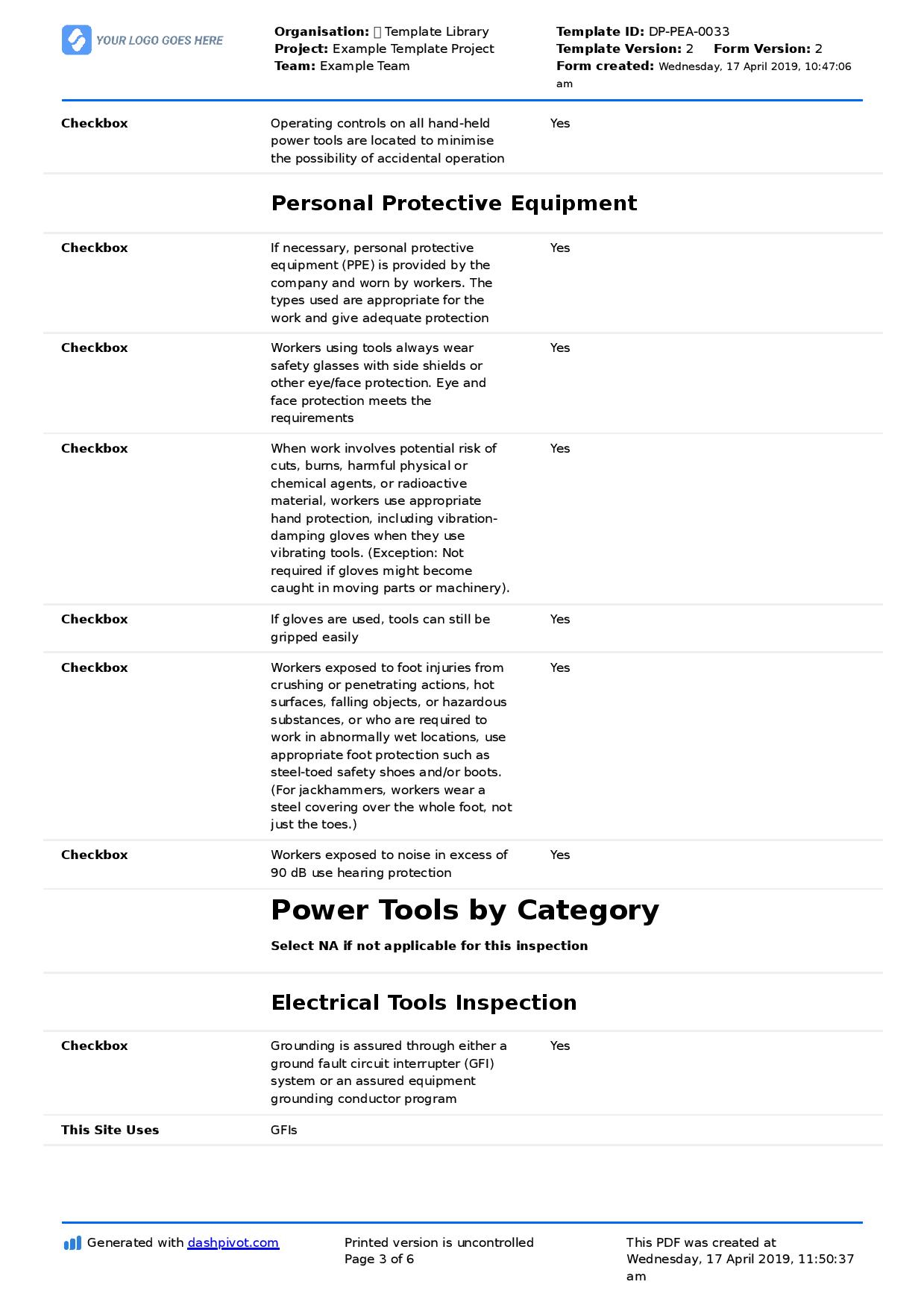 Power Tool Inspection Checklist Template (Free And Edtaible Inside Equipment Fault Report Template