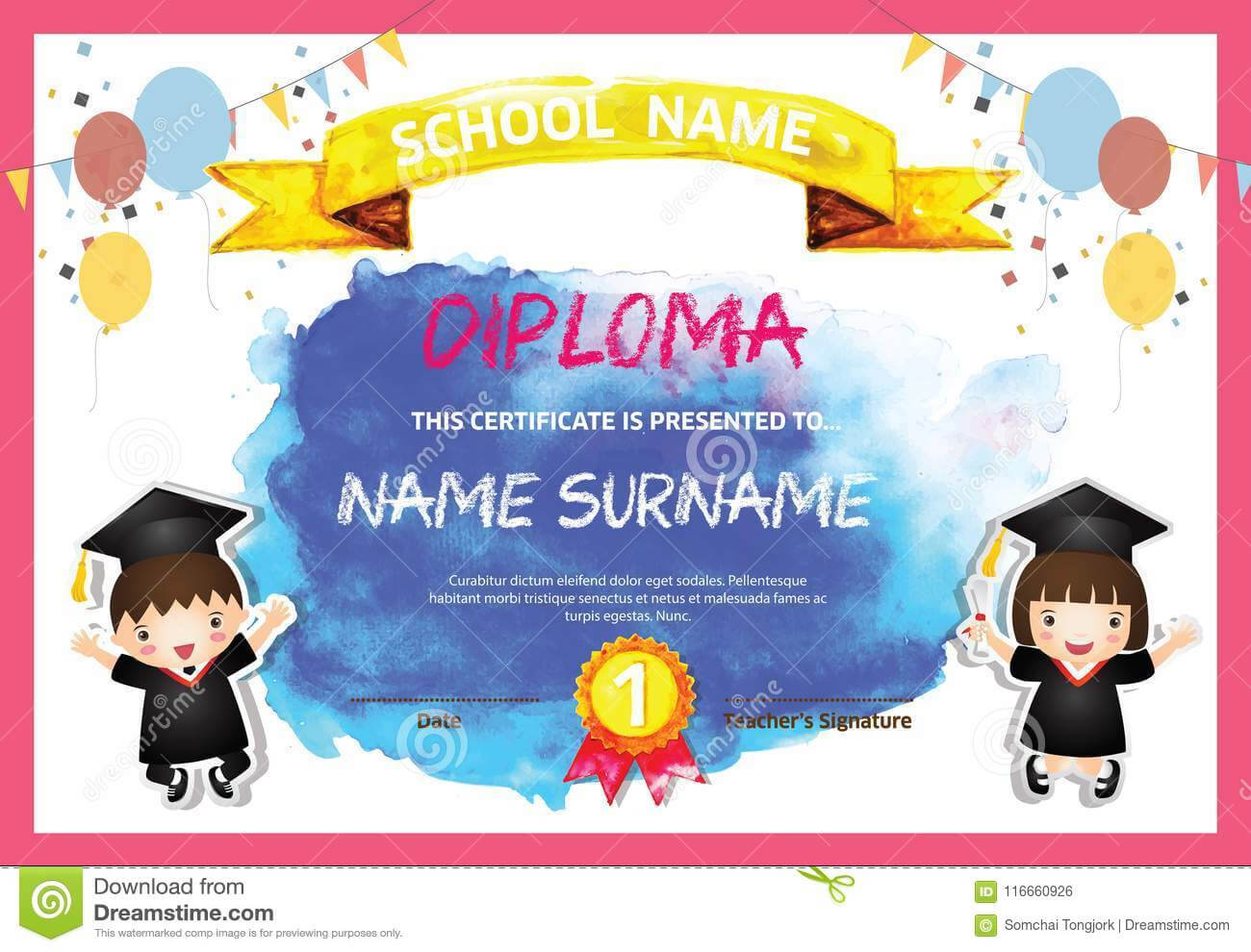 Preschool Kids Diploma Certificate Colorful Background For Children's Certificate Template