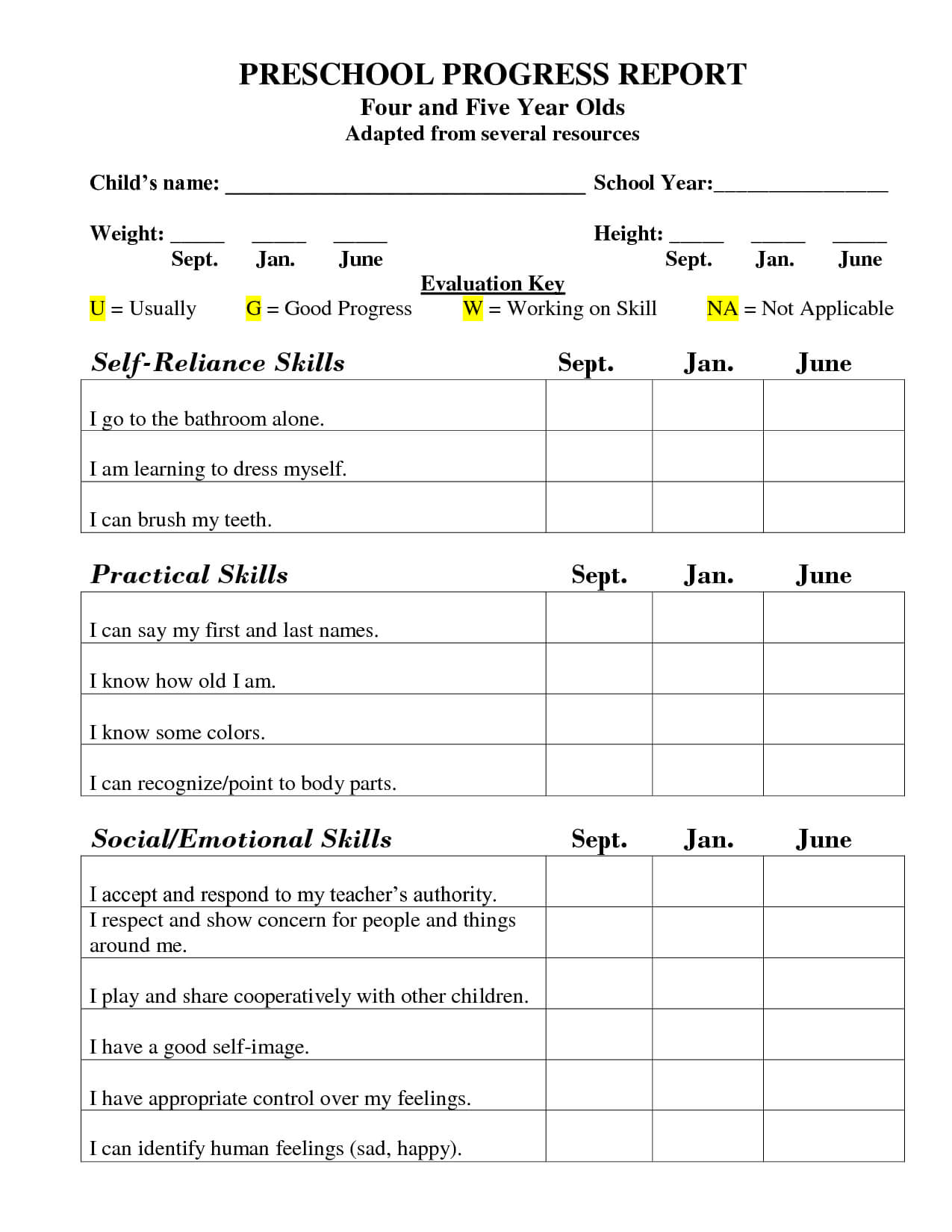 Preschool Progress Report Template | School Report Card For Preschool Progress Report Template