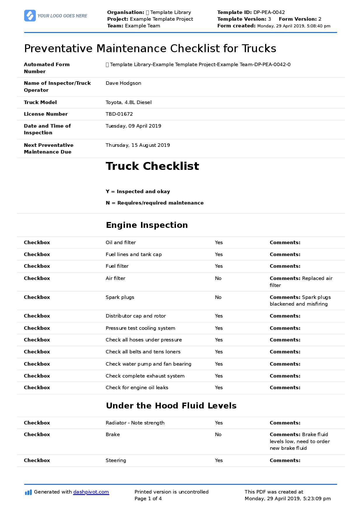 Preventative Maintenance Checklist For Trucks (Diesel Trucks With Computer Maintenance Report Template