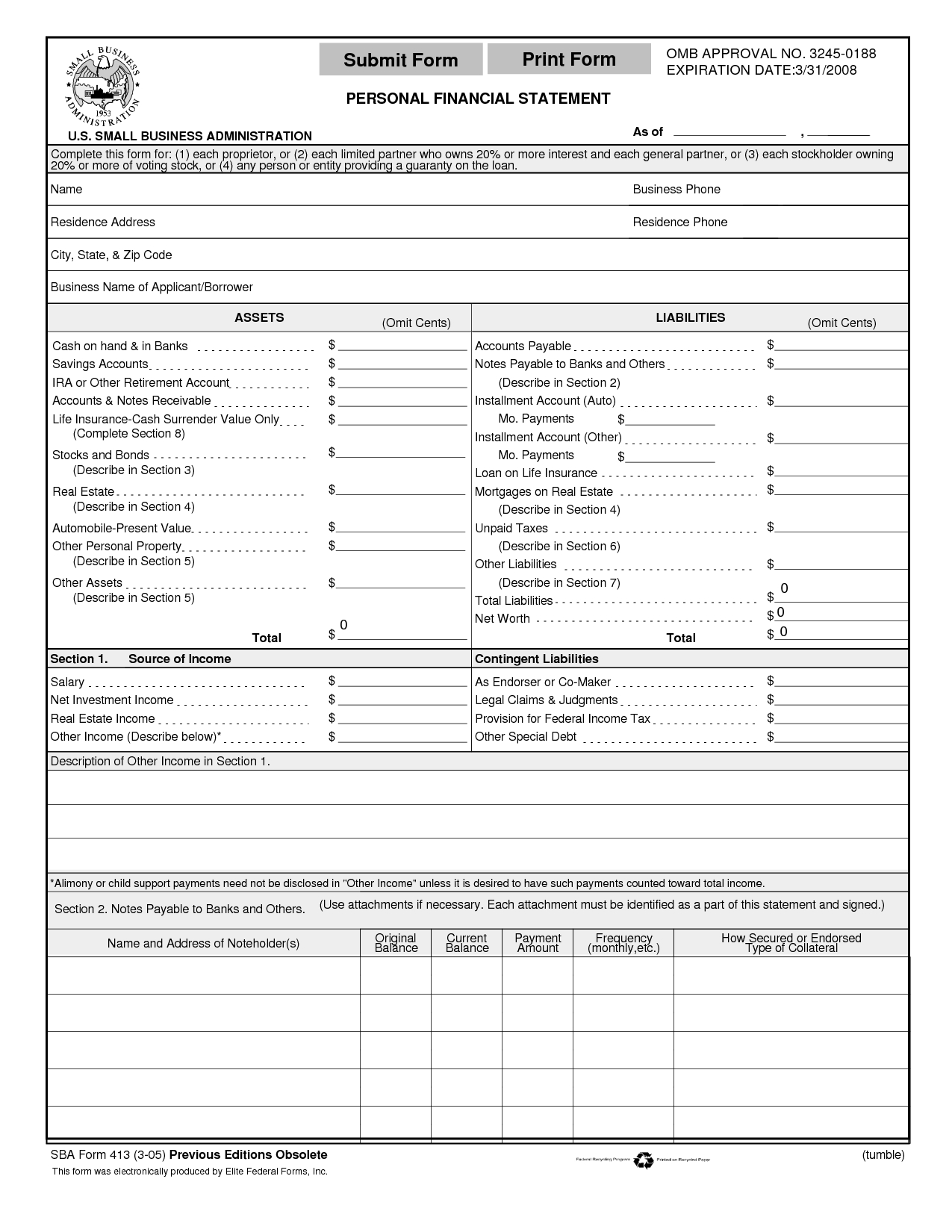 Print Personal Financial Statement Form | Print Form Throughout Blank Personal Financial Statement Template