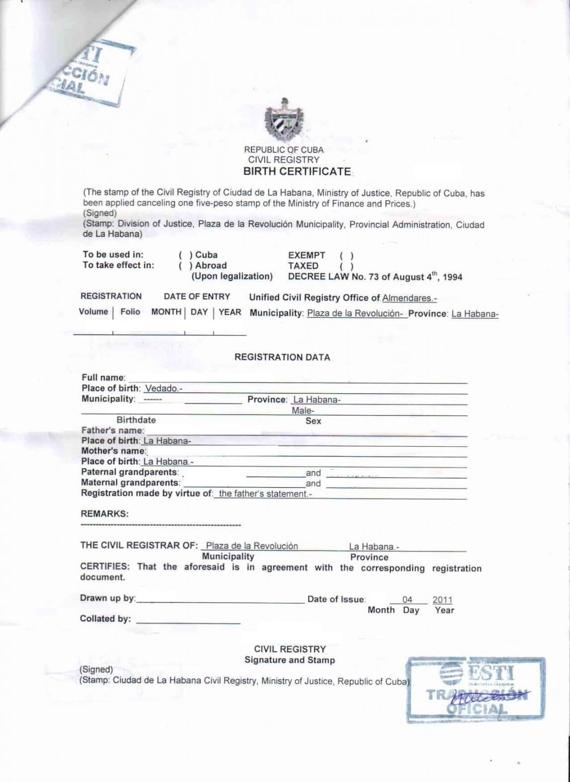 Printable Birth Certificate Cuba English Translation Sample Within Spanish To English Birth Certificate Translation Template