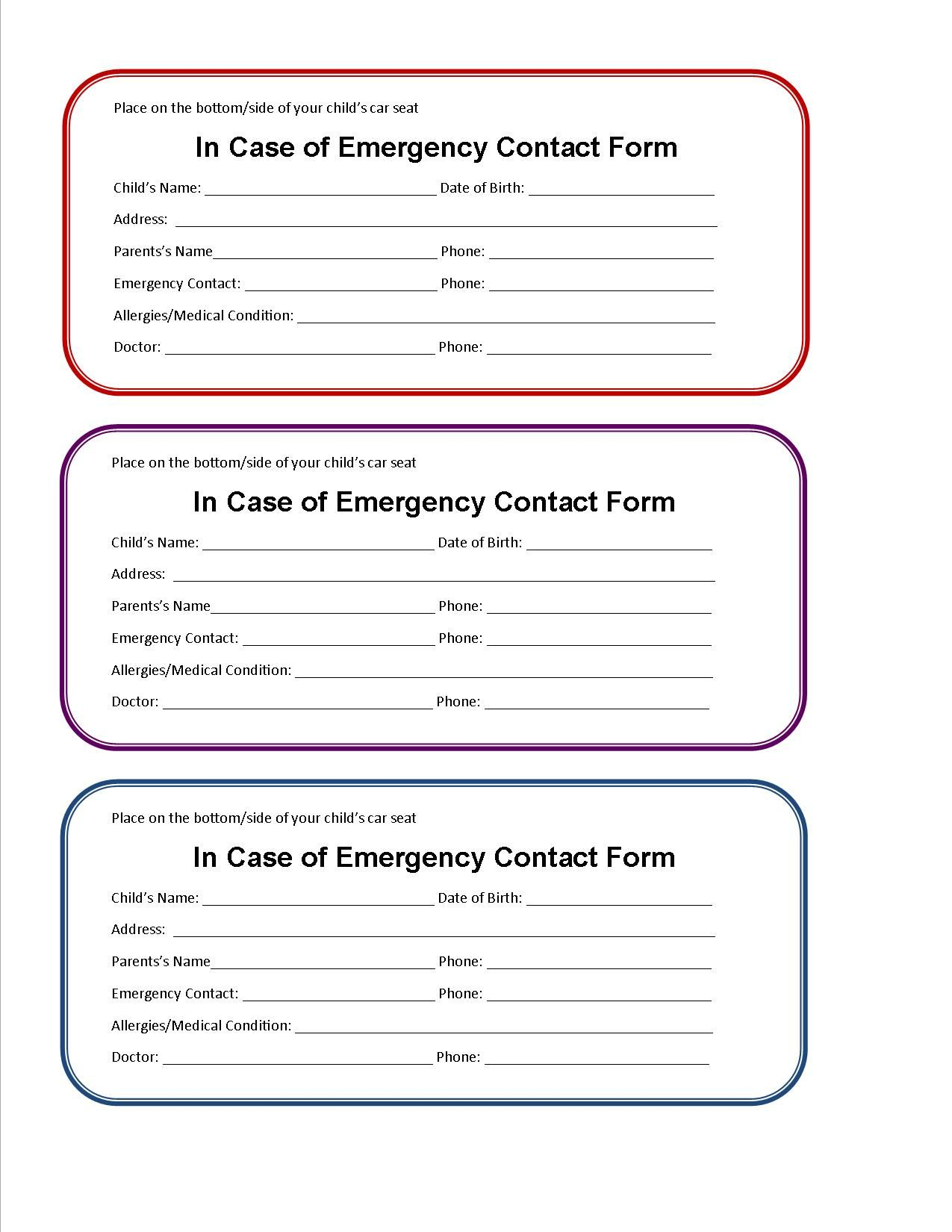 Printable Emergency Contact Form For Car Seat | Emergency Throughout In Case Of Emergency Card Template