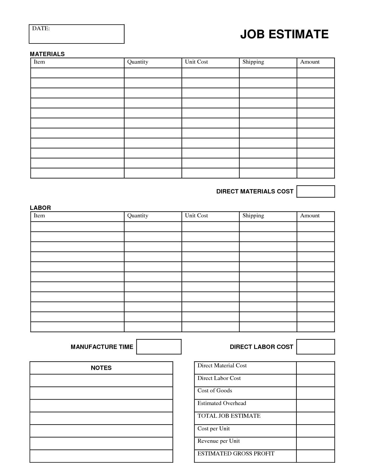 Printable Job Estimate Forms | Job Estimate Free Office Form Intended For Blank Estimate Form Template